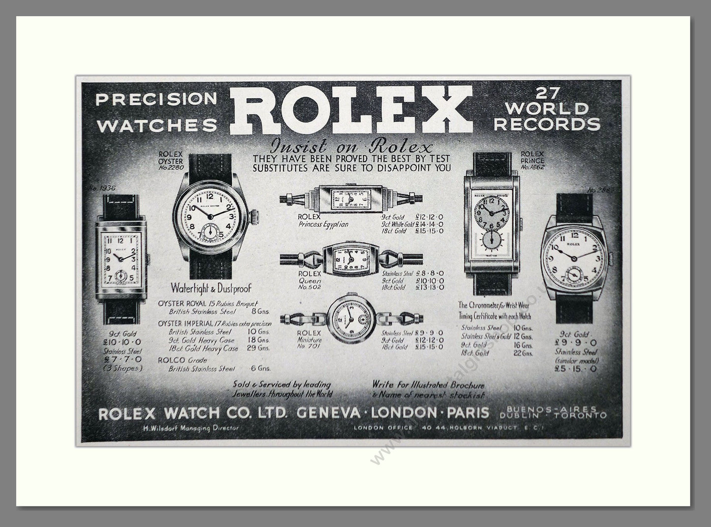 Rolex - Oyster / Prince. Vintage Advert 1938 (ref AD66469)