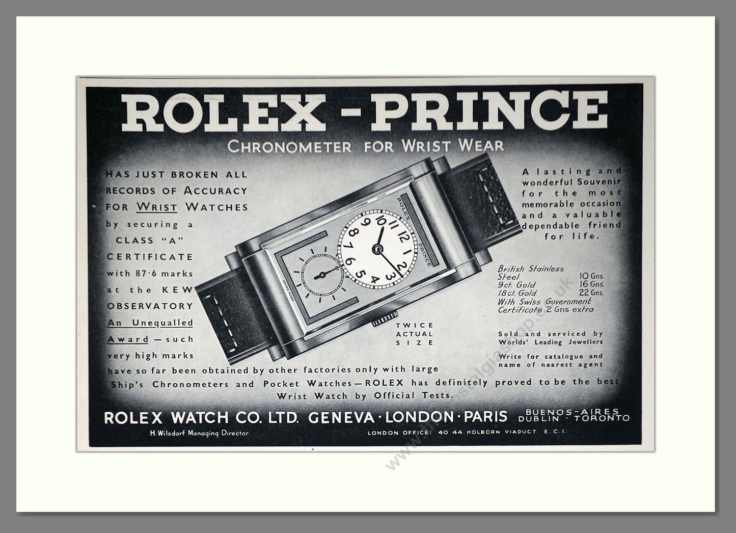Rolex - Prince. Vintage Advert 1937 (ref AD66472)