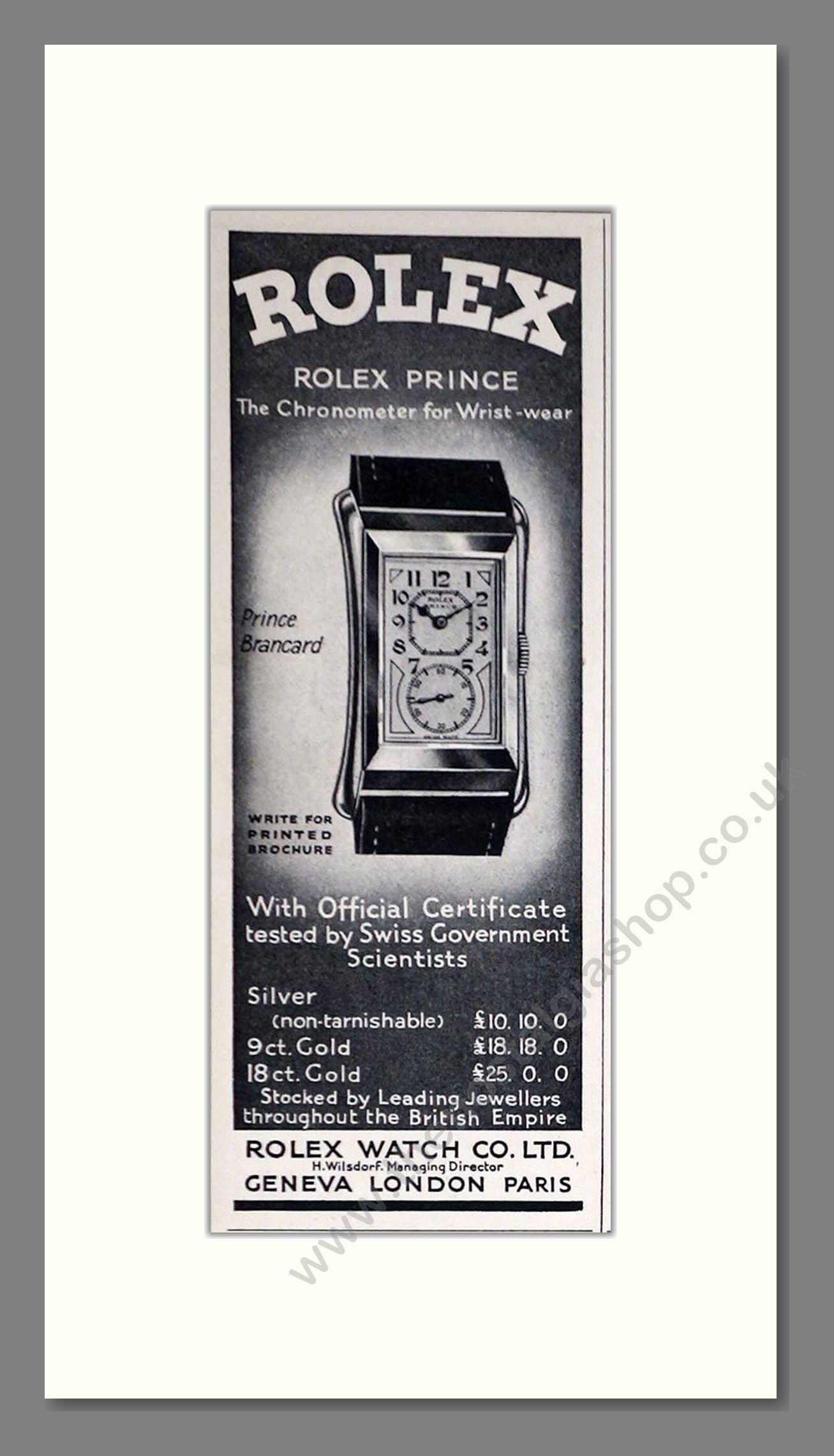 Rolex - Prince Brancard. Vintage Advert 1934 (ref AD66476)