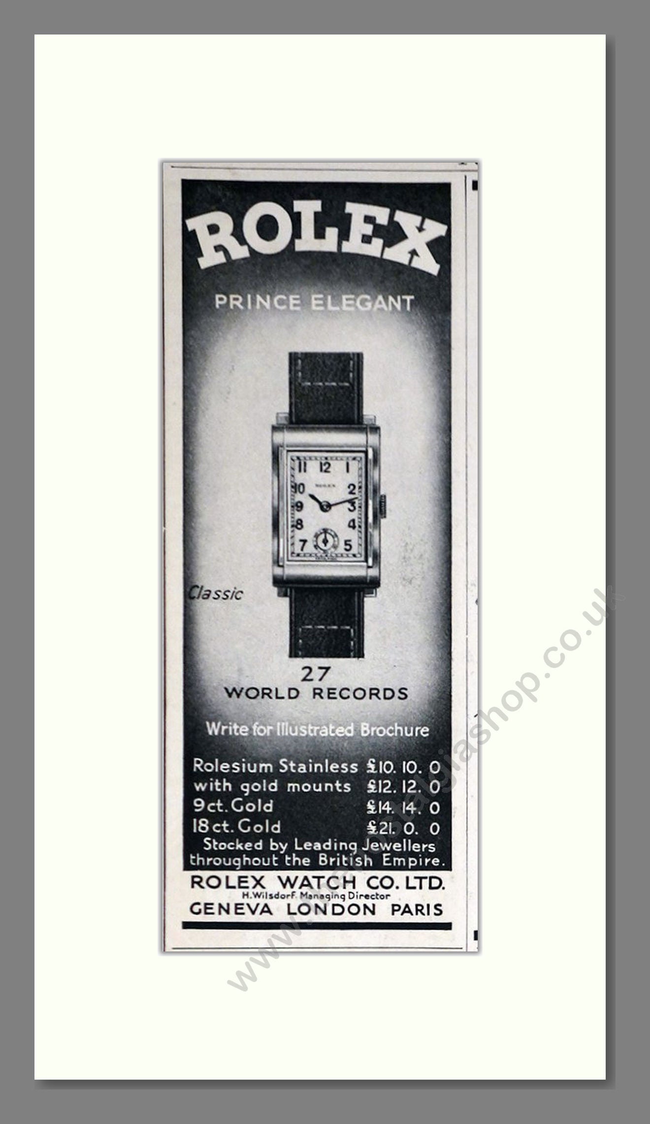 Rolex - Prince Elegant Classic. Vintage Advert 1934 (ref AD66478)