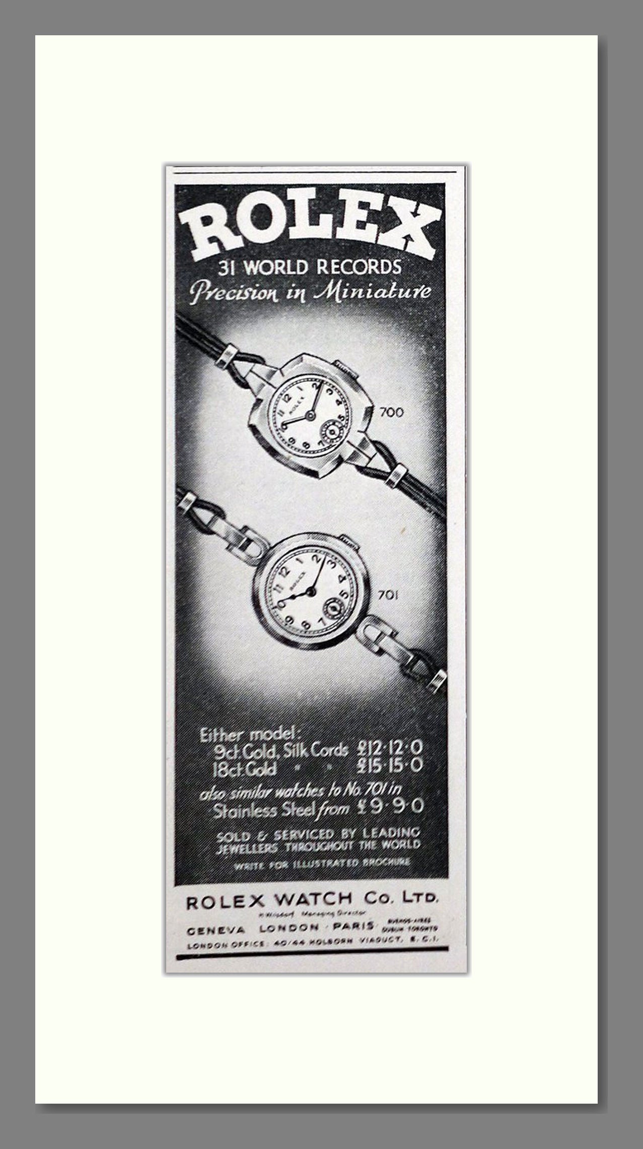 Rolex - Ladies Precision Watches. Vintage Advert 1938 (ref AD66480)