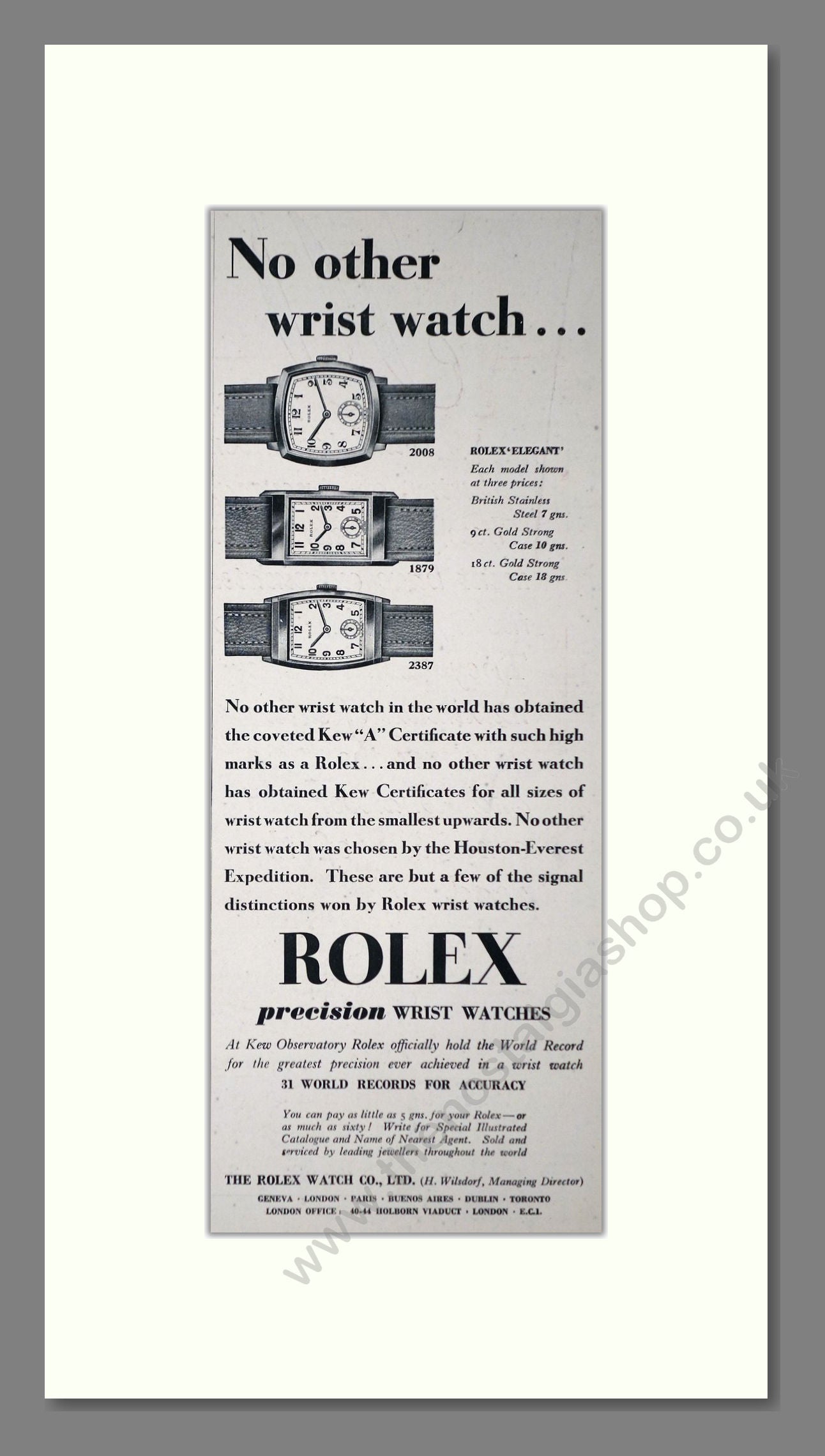 Rolex - Elegant. Vintage Advert 1938 (ref AD66486)