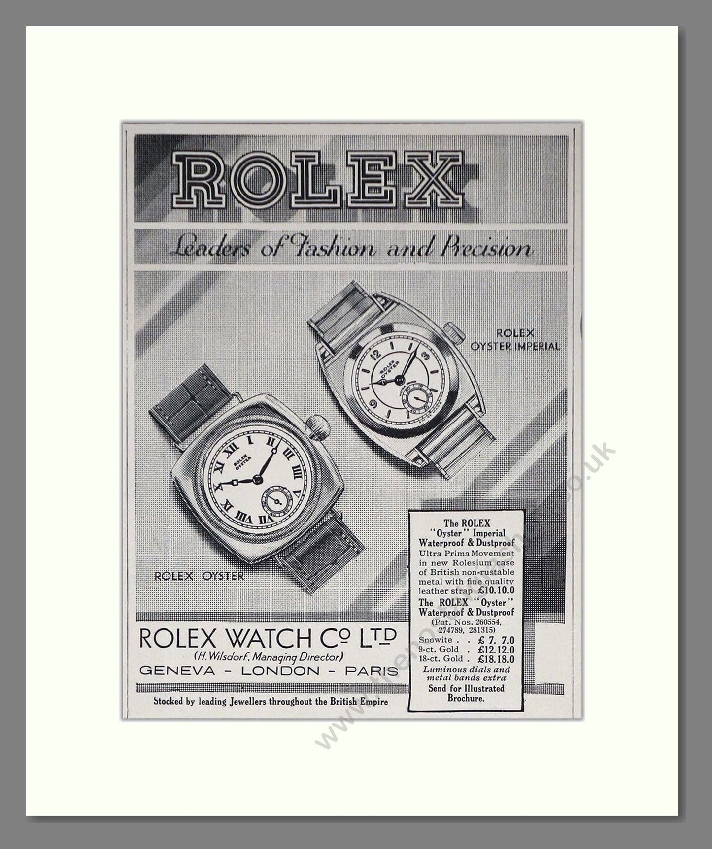 Rolex - Oyster / Oyster Imperial. Vintage Advert 1933 (ref AD66512)