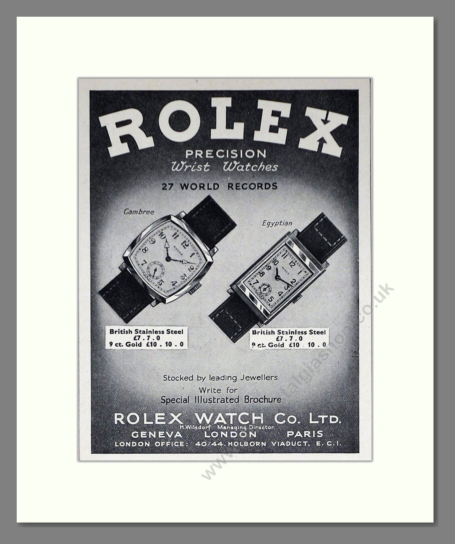 Rolex - Cambree / Egyptian. Vintage Advert 1937 (ref AD66514)