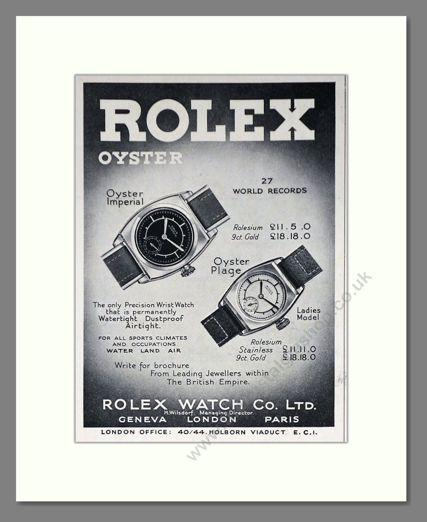 Rolex - Oyster / Plague. Vintage Advert 1934 (ref AD66517)