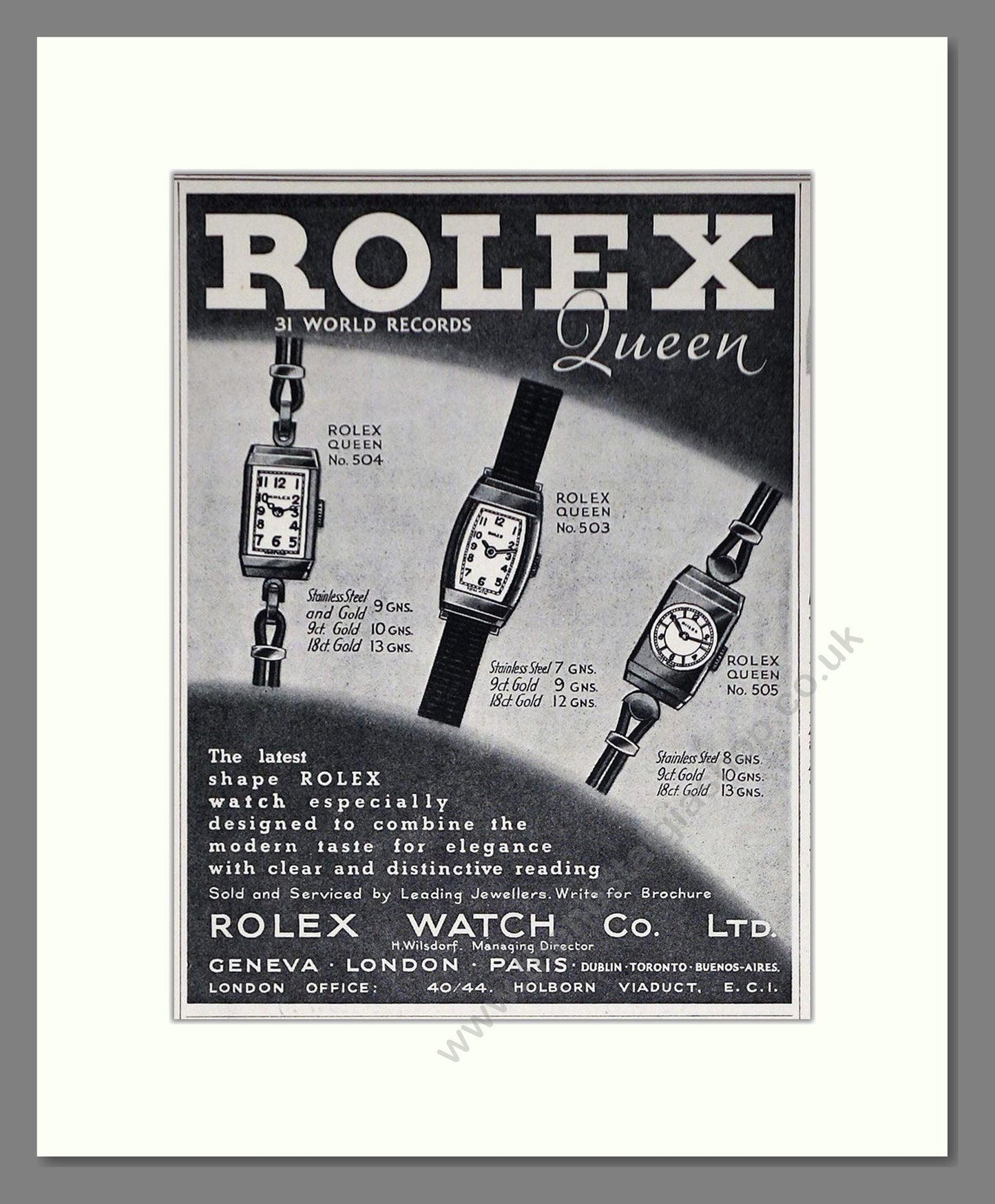 Rolex - Queen. Vintage Advert 1937 (ref AD66518)