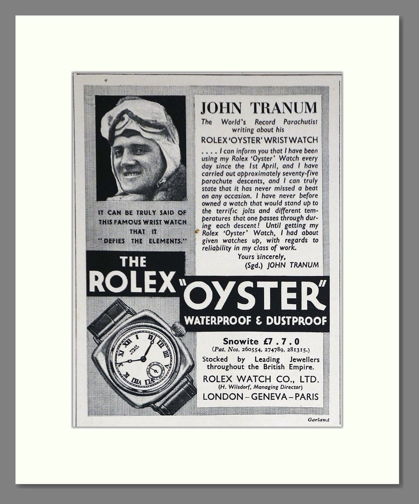 Rolex - Oyster. Vintage Advert 1933 (ref AD66525)