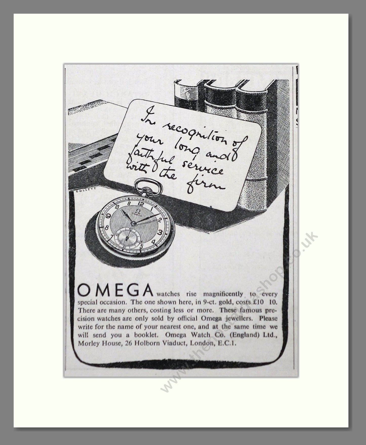Omega - Long Service Pocket Watch. Vintage Advert 1938 (ref AD66527)