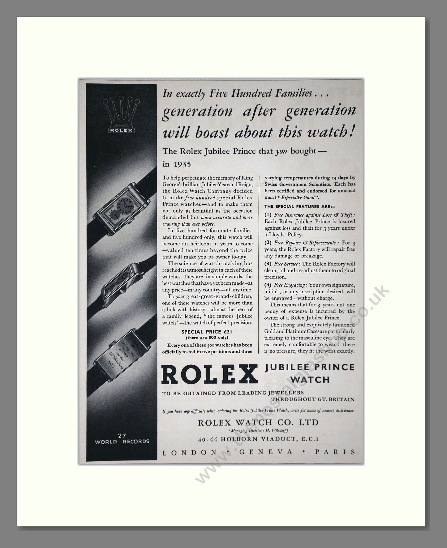 Rolex - Jubilee Prince. Vintage Advert 1935 (ref AD66532)