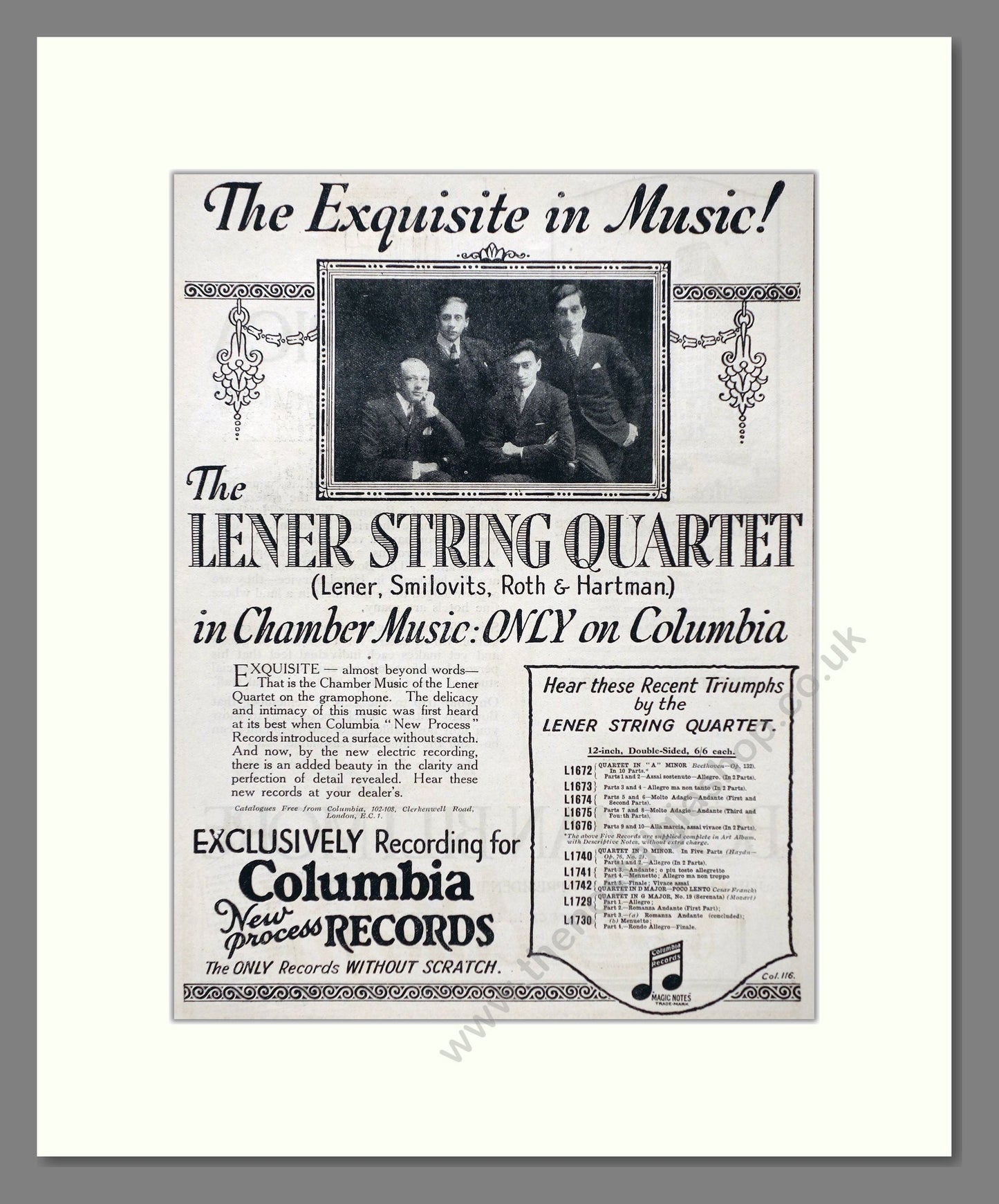 Lener String Quartet - Chamber Music. Vintage Advert 1926 (ref AD66337)