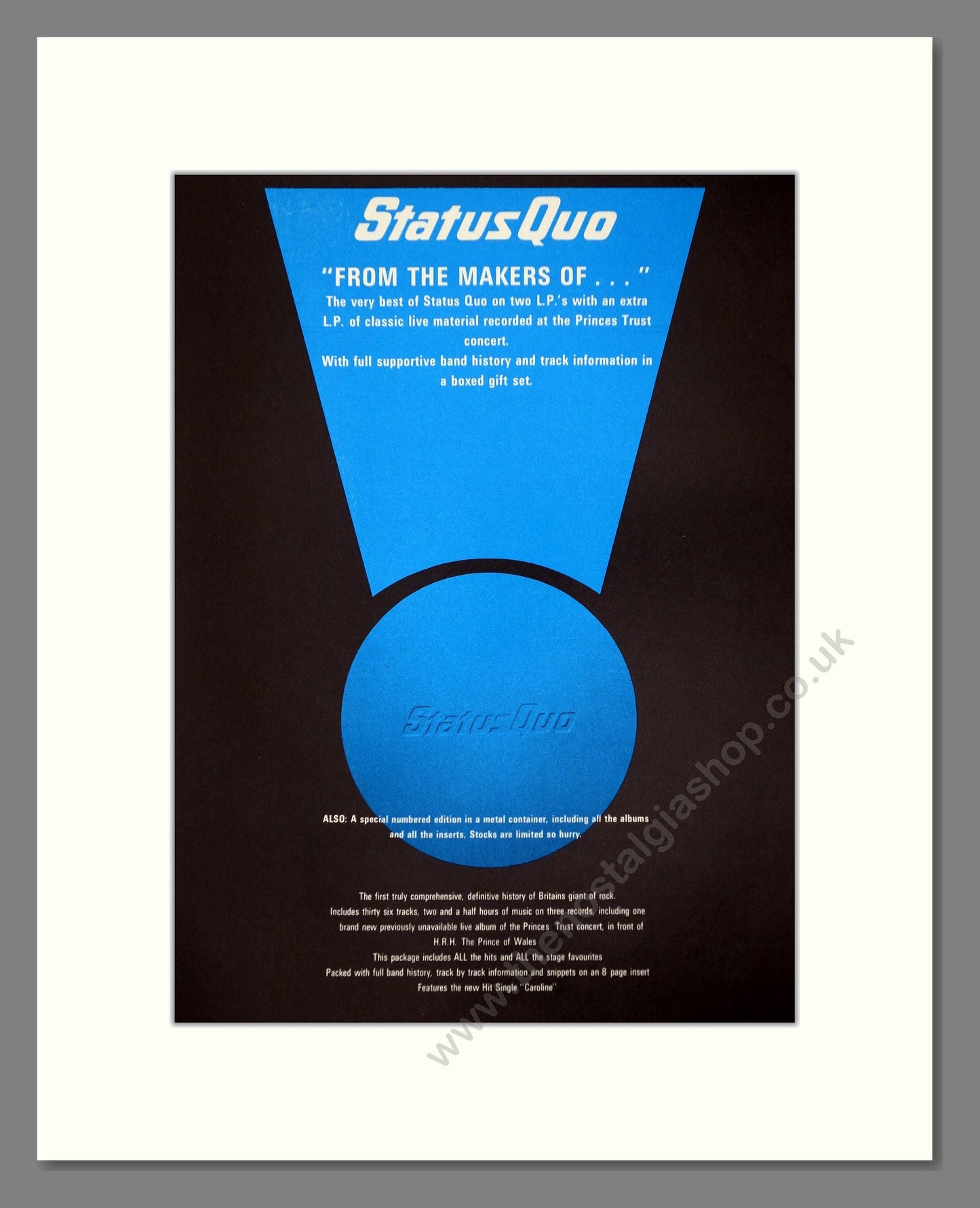 Status Quo - From The Makers Of. Vintage Advert 1982 (ref AD66367)