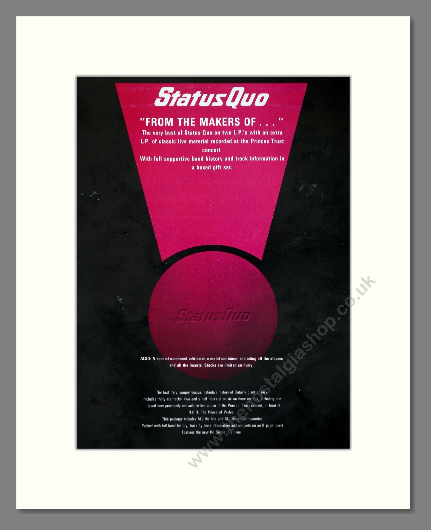 Status Quo - From The Makers Of. Vintage Advert 1982 (ref AD66368)