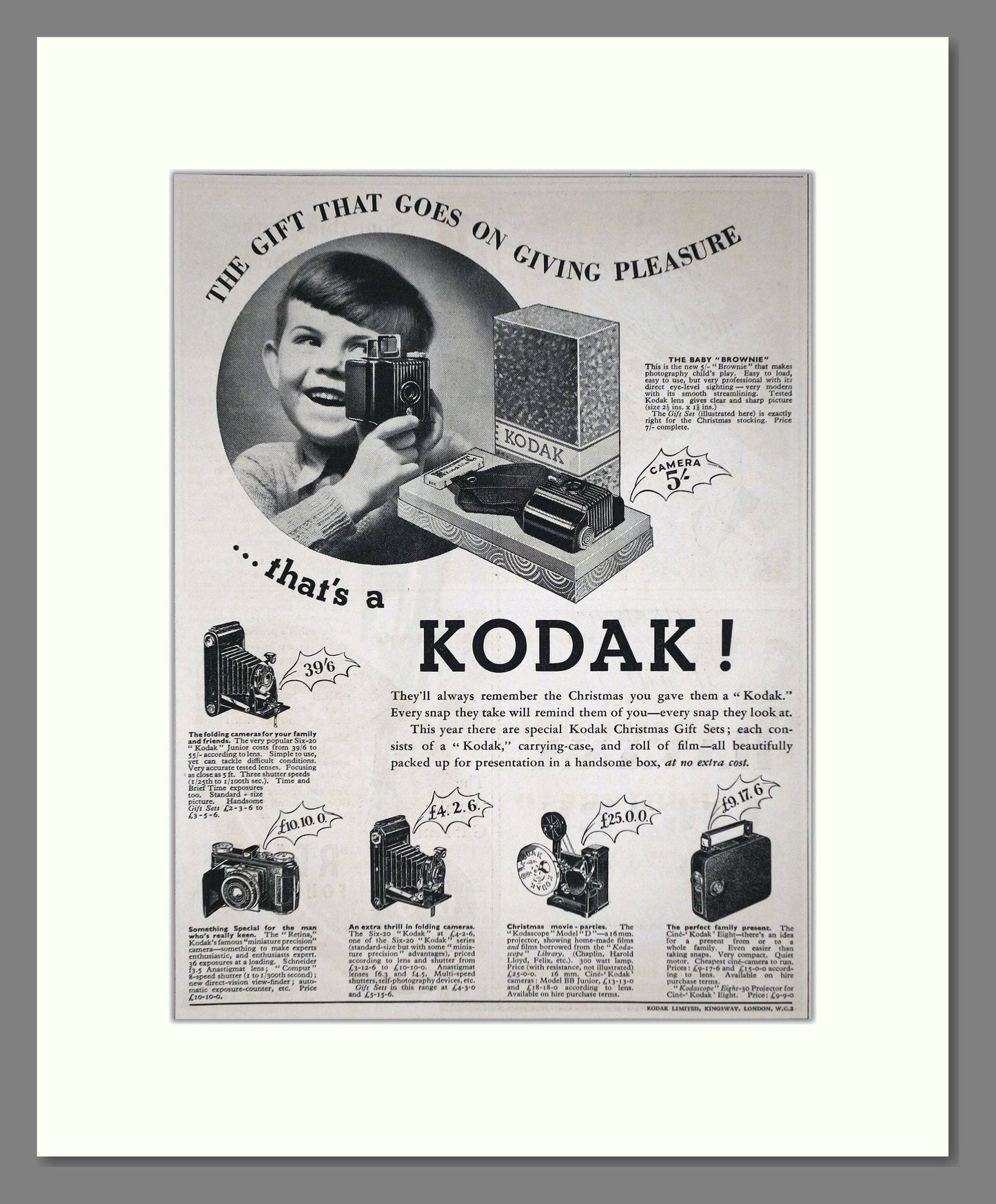 Kodak - The Gift That Goes On Giving Pleasure. Vintage Advert 1935 (ref AD66763)