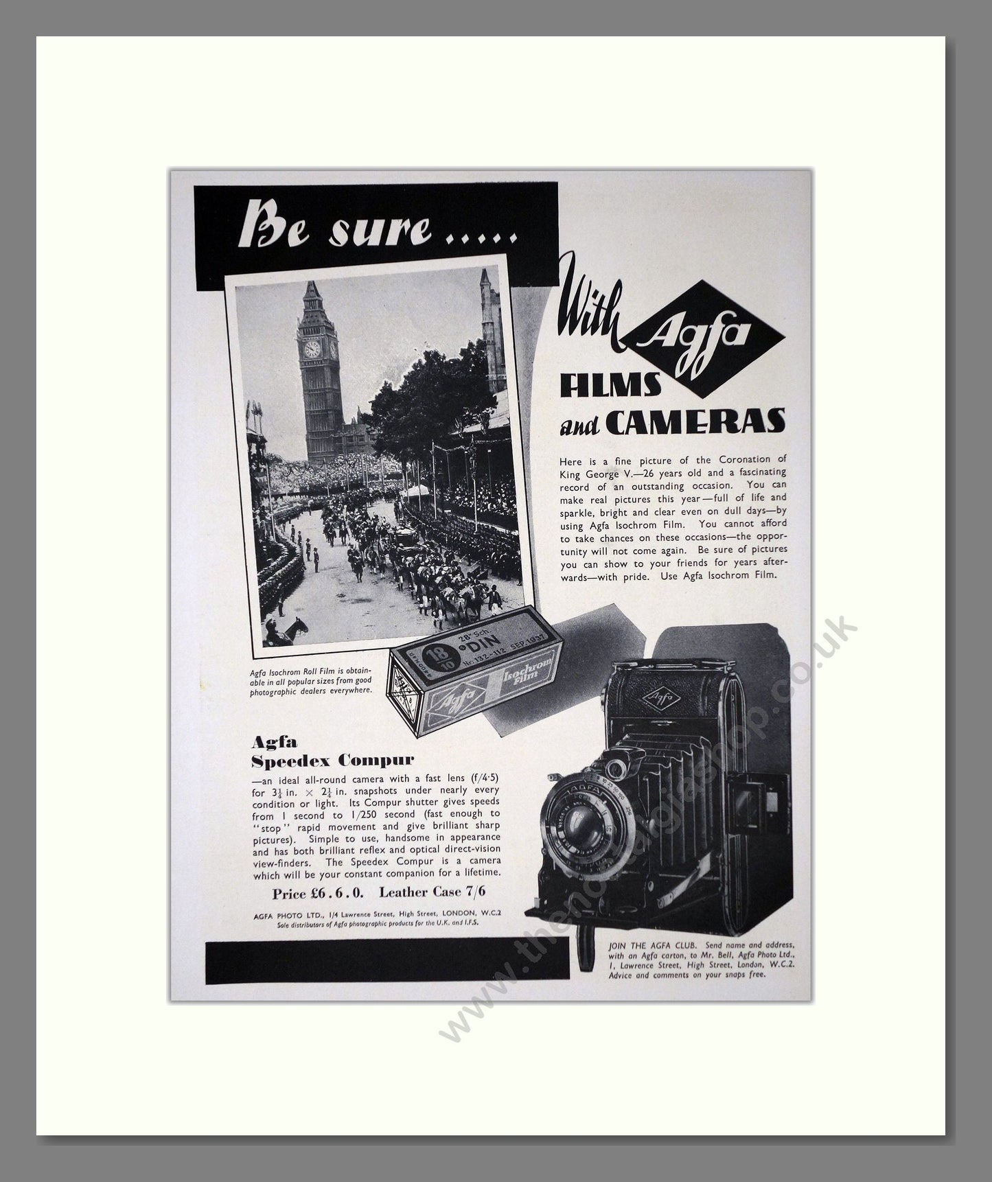 Agfa - Films And Cameras / Speedex Compur. Vintage Advert 1937 (ref AD66780)