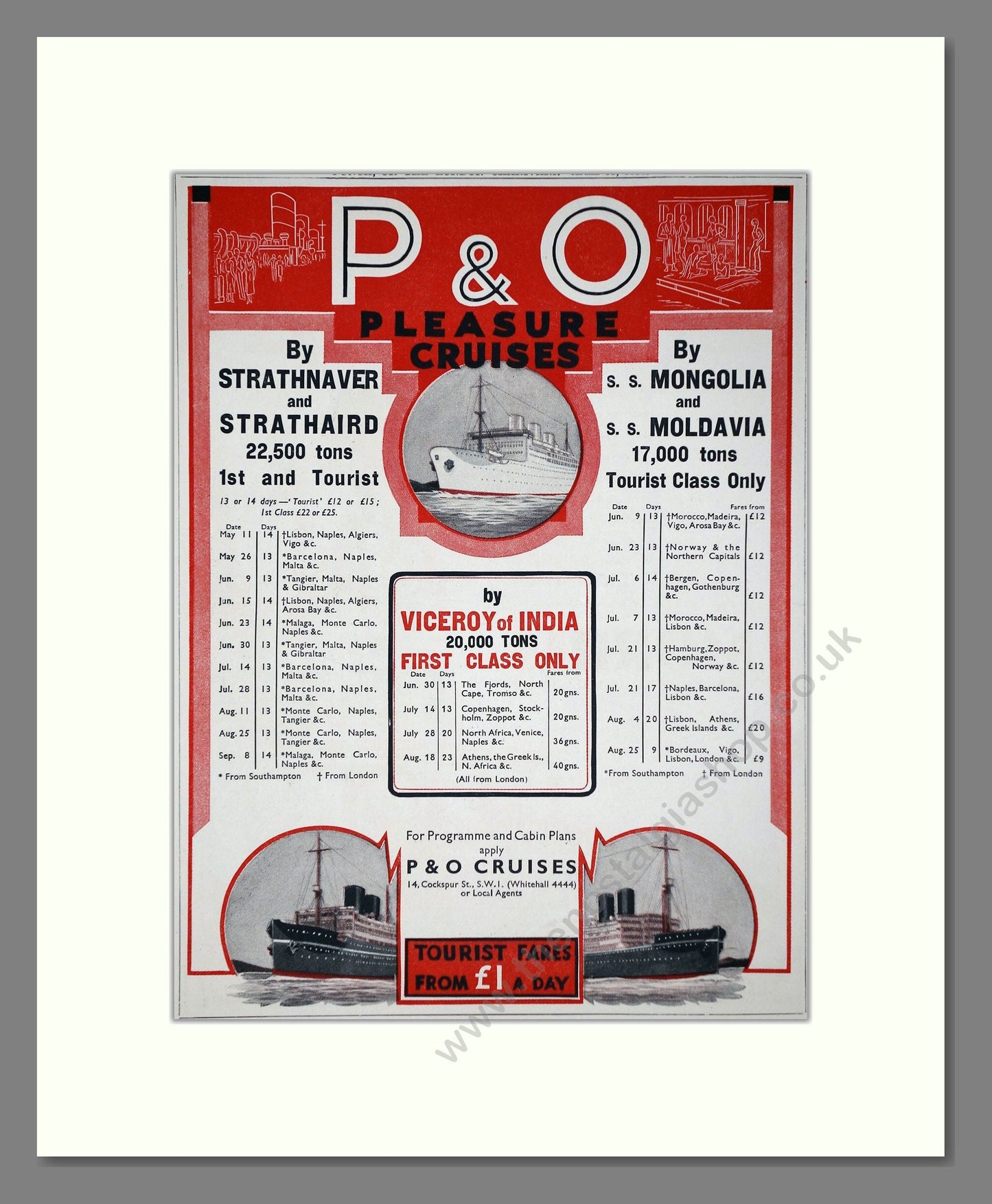 P And O - Strathnavar / Mongolia Ships. Vintage Advert 1934 (ref AD66652)