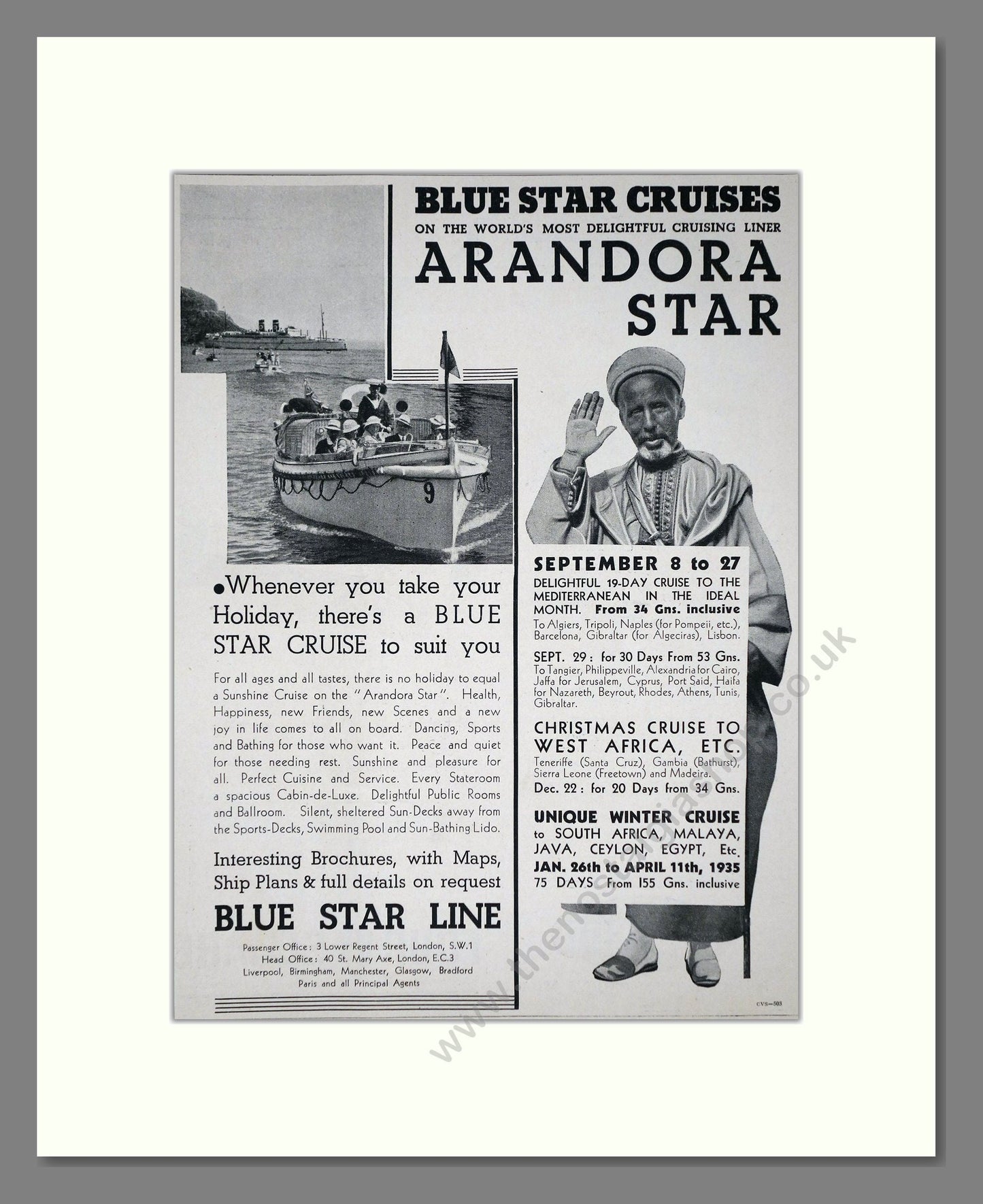 Blue Star Line - Arandora Star Ship. Vintage Advert 1934 (ref AD66663)