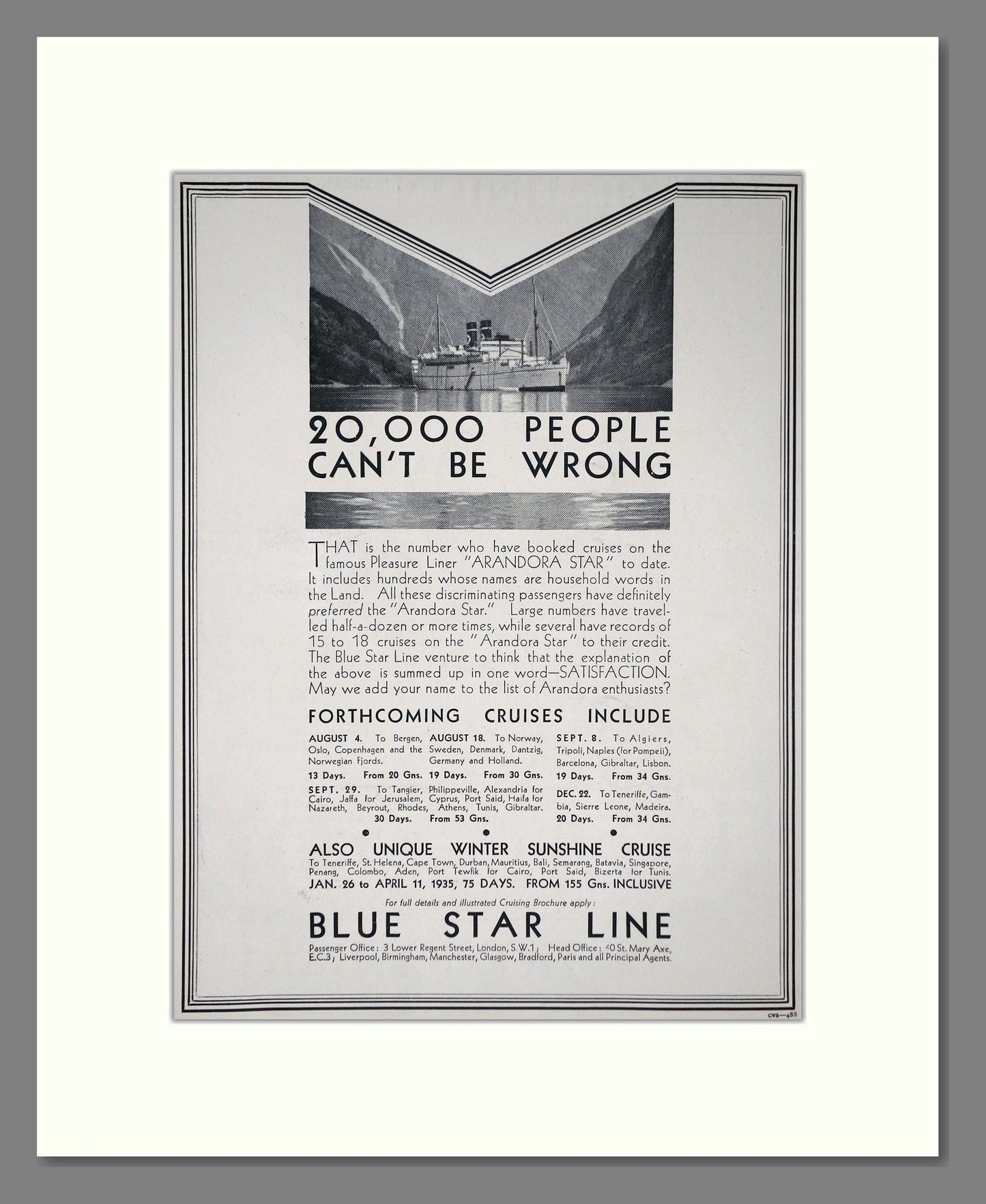 Blue Star Line - Arandora Star Ship. Vintage Advert 1934 (ref AD66666)