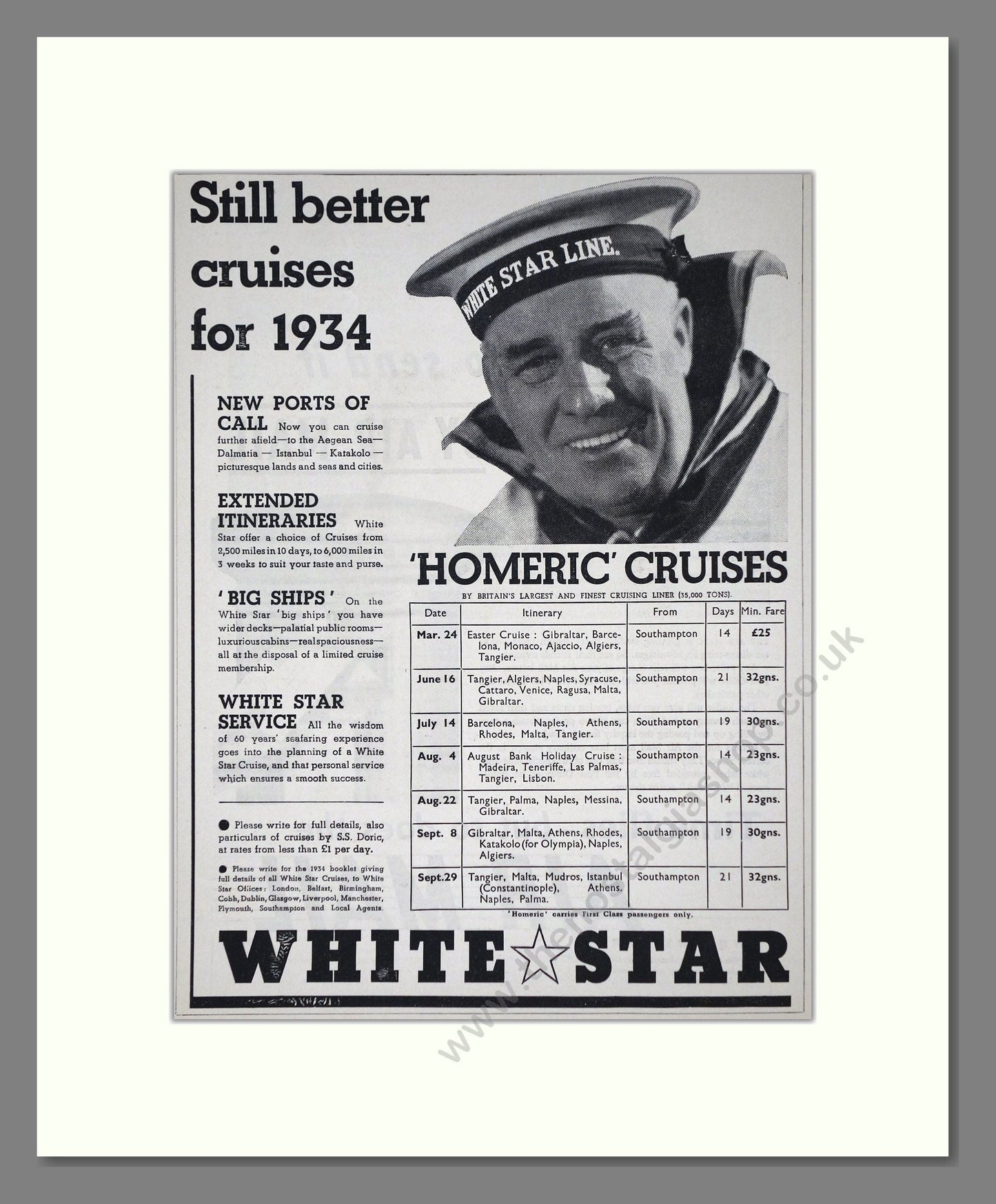 Cunard White Star - Homeric Ship. Vintage Advert 1934 (ref AD66675)