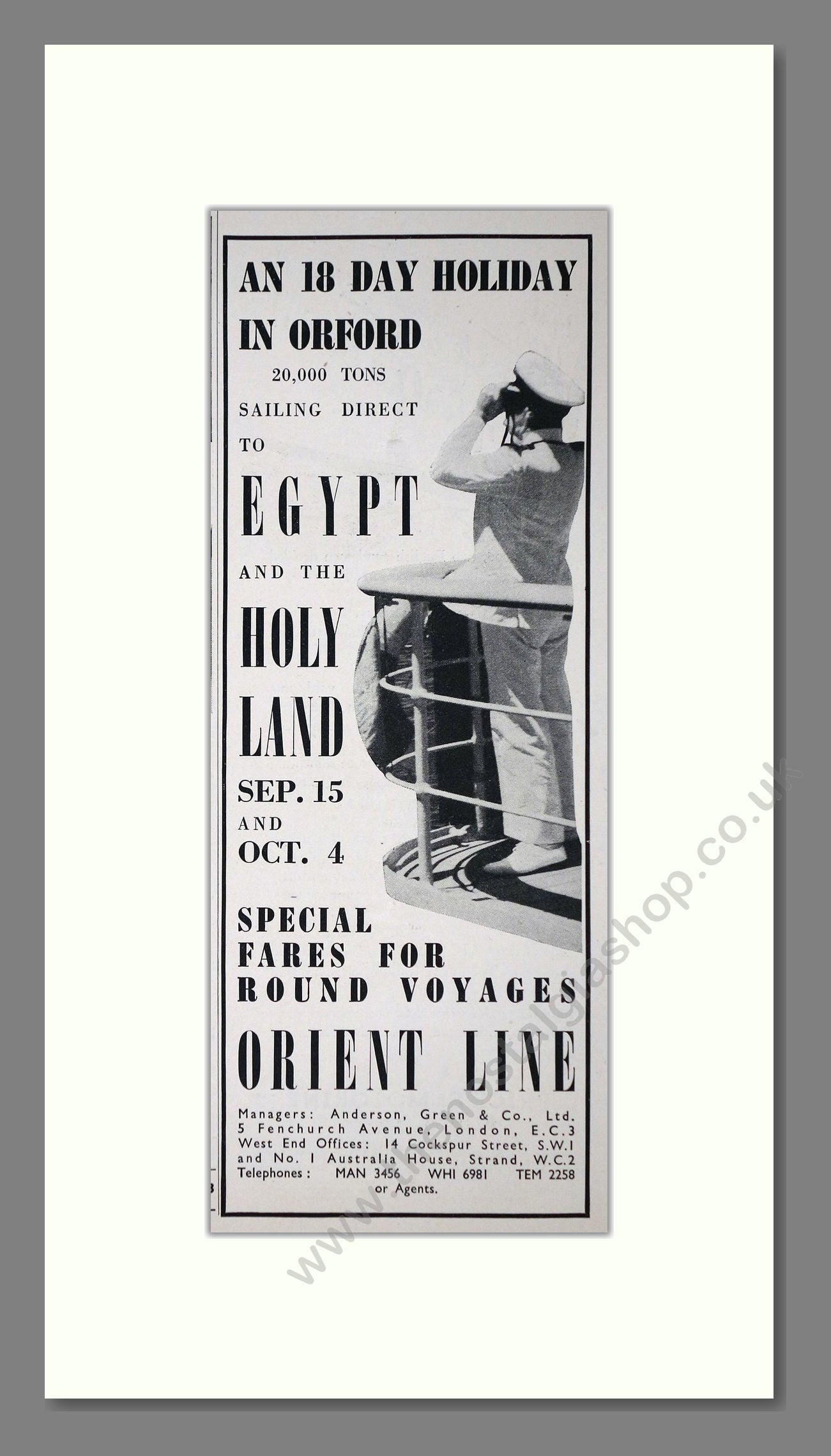 Orient Line - Egypt / Holy Land Cruise. Vintage Advert 1938 (ref AD66697)