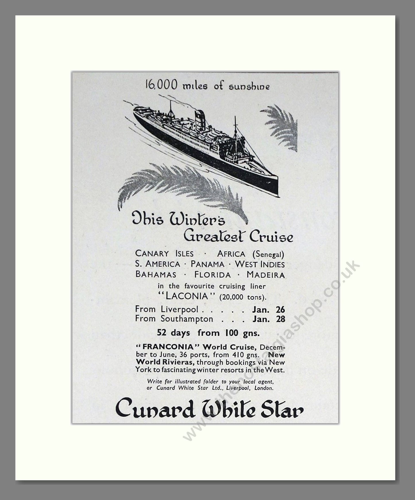 Cunard White Star - Franconia / Laconia Cruise Ships. Vintage Advert 1938 (ref AD66732)