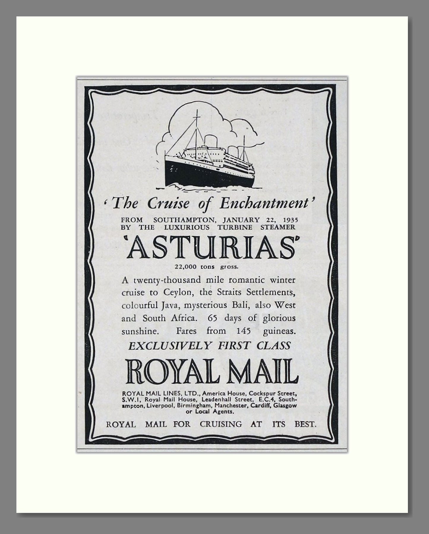 Royal Mail Line - Asturias Cruise Ship. Vintage Advert 1934 (ref AD66735)