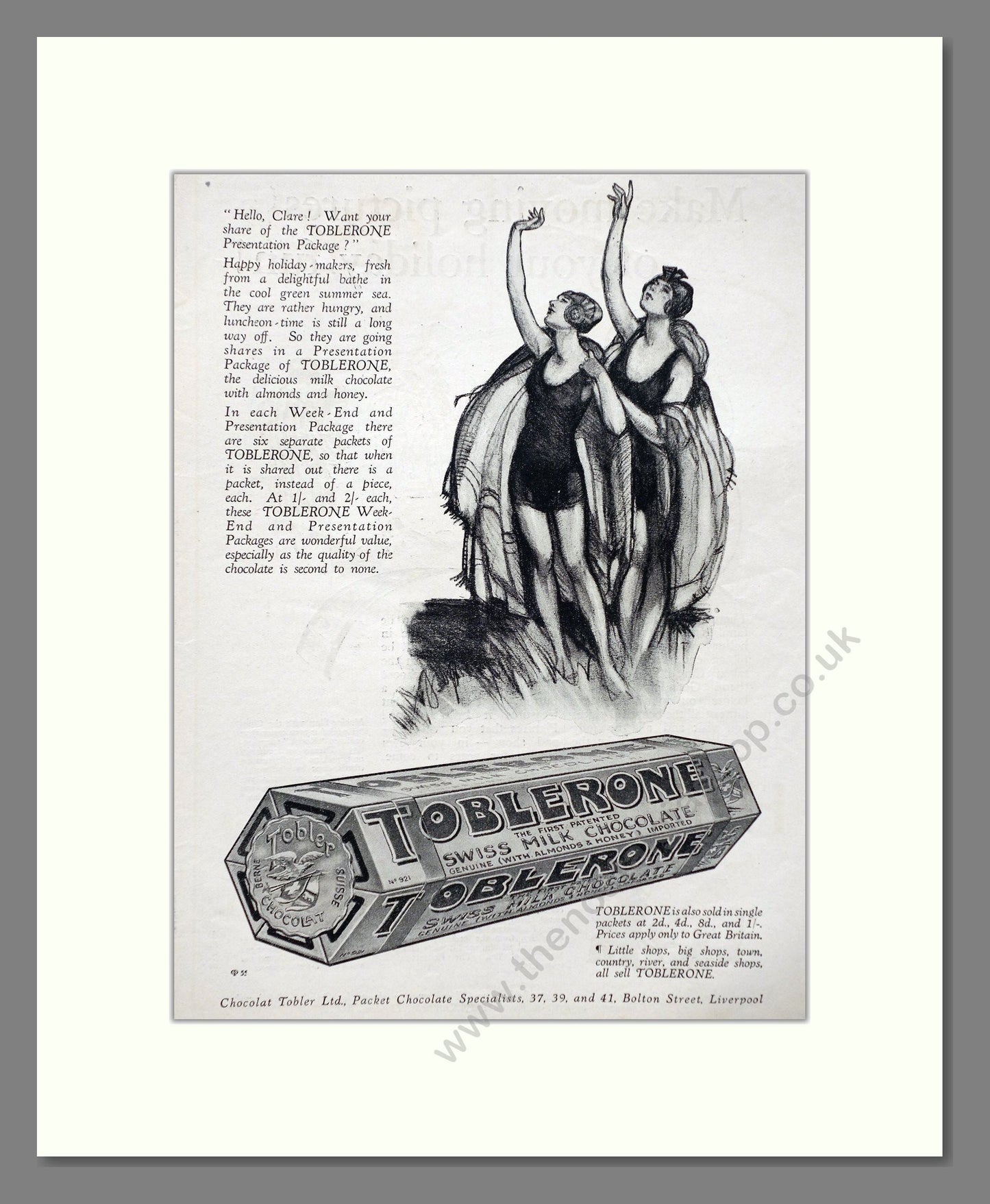 Toblerone - Swiss Chocolate. Vintage Advert 1927 (ref AD66824)