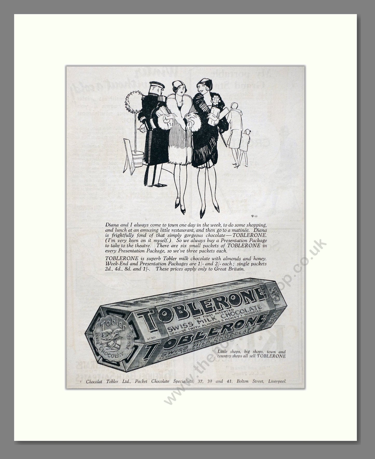 Toblerone - Swiss Chocolate. Vintage Advert 1927 (ref AD66825)