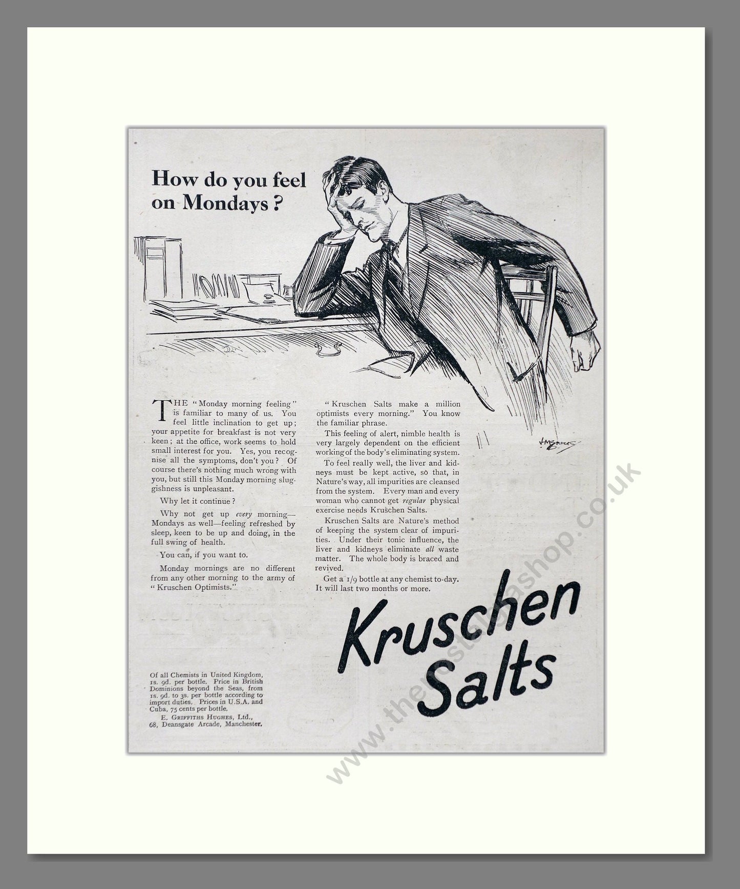 Kruschen Salts - Laxative And Diuretic Tonic. Vintage Advert 1920 (ref AD66827)