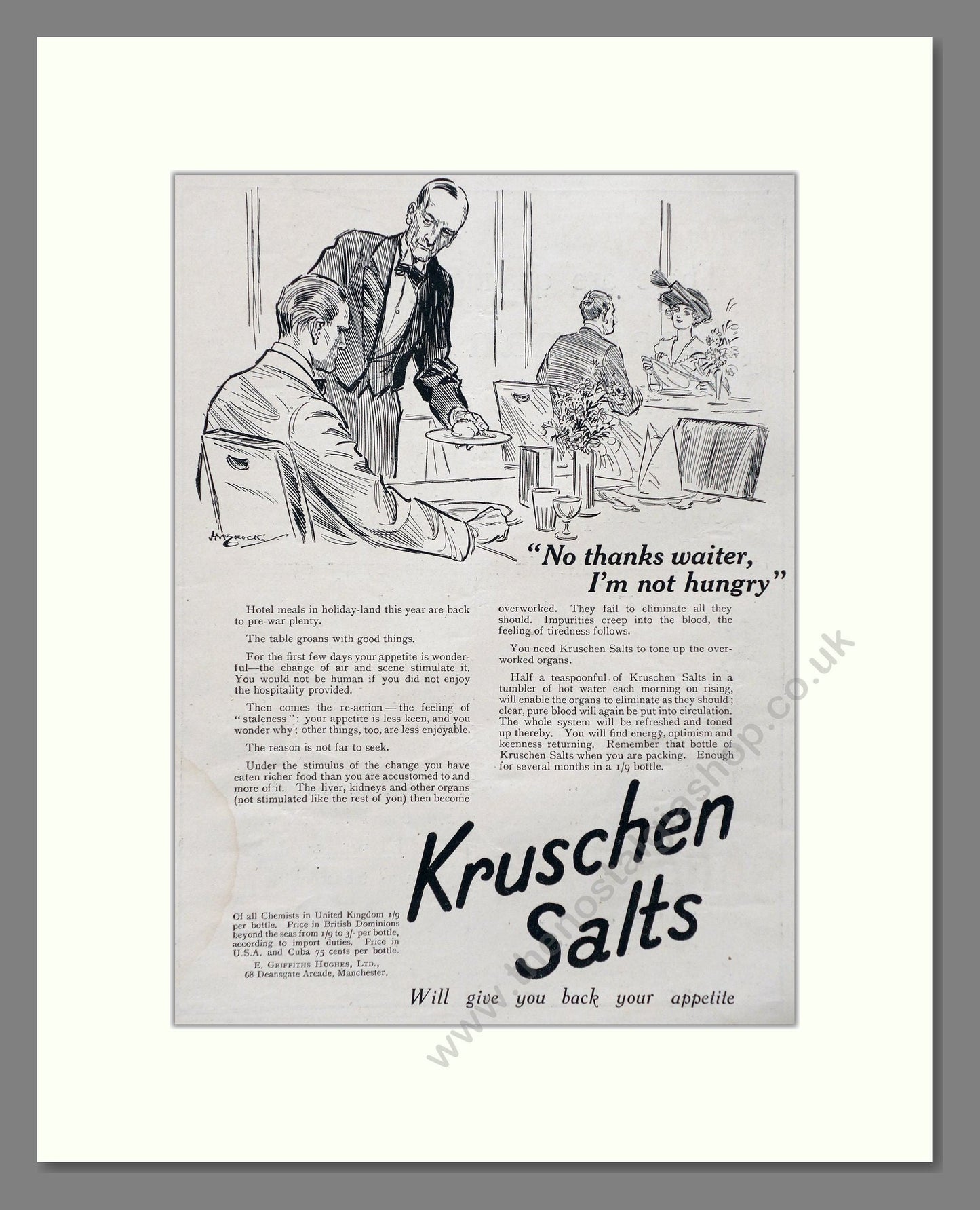 Kruschen Salts - Laxative And Diuretic Tonic. Vintage Advert 1920 (ref AD66835)