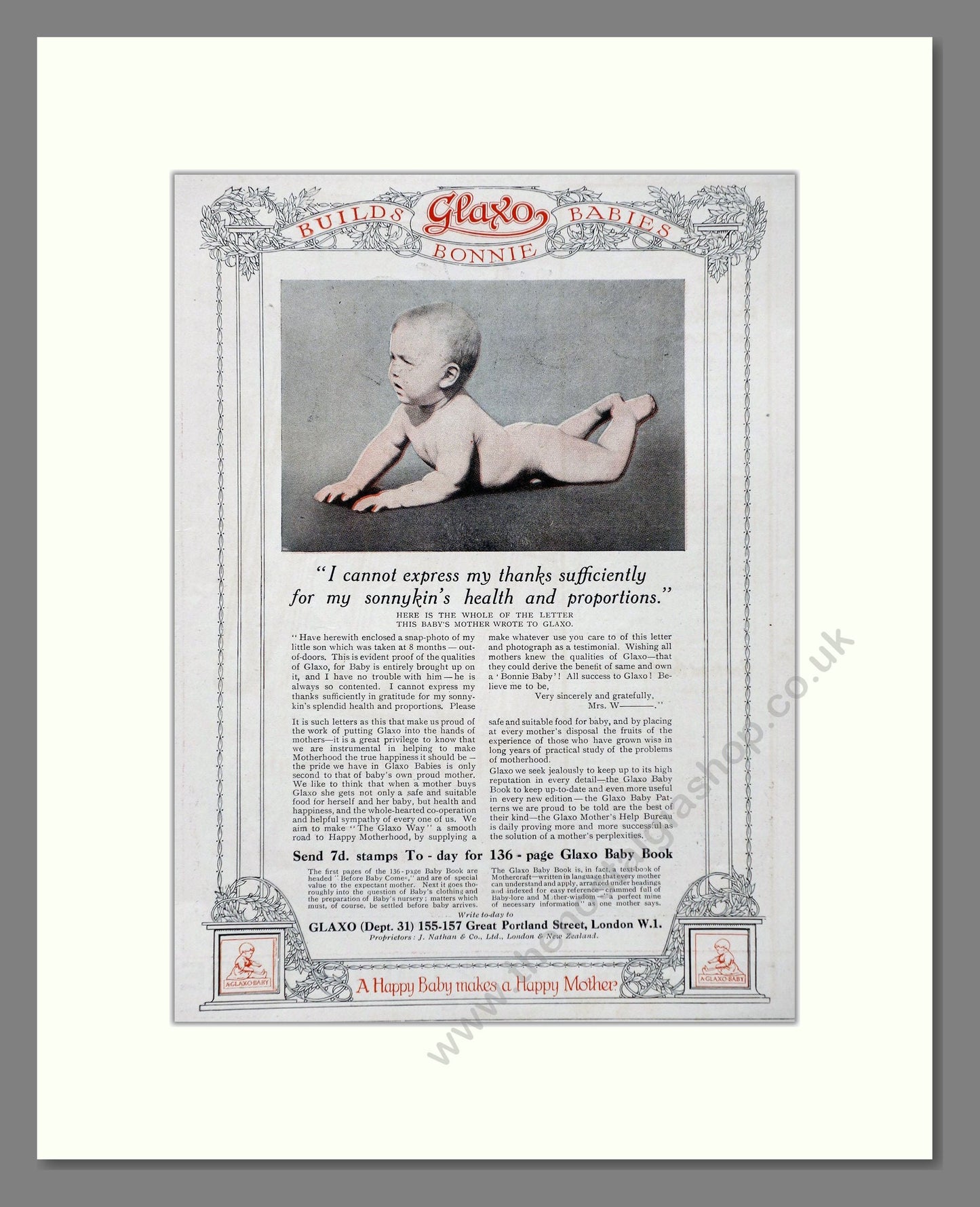 Glaxo - Baby Milk Builds Bonnie Babies. Vintage Advert 1919 (ref AD66860)