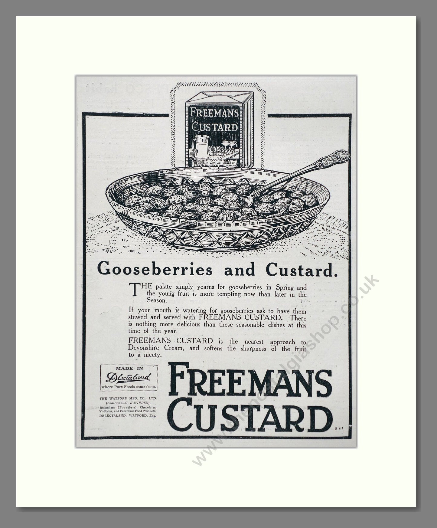 Freemans - Custard With Gooseberries. Vintage Advert 1919 (ref AD66868)