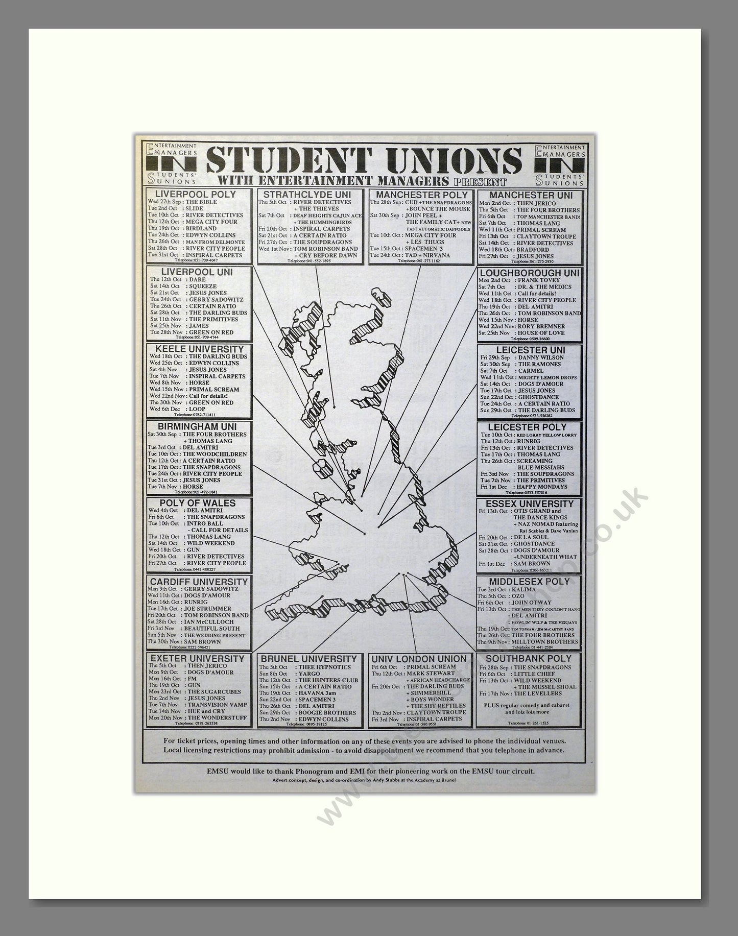 Various Artists - Student Union Gigs . Vintage Advert 1989 (ref AD20887)