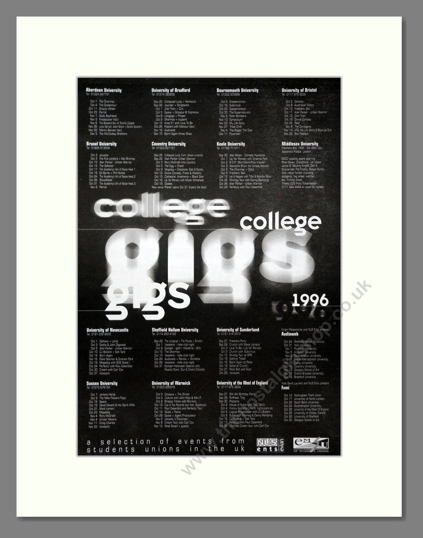 Various Artists - College Gigs 1996. Vintage Advert 1996 (ref AD20892)