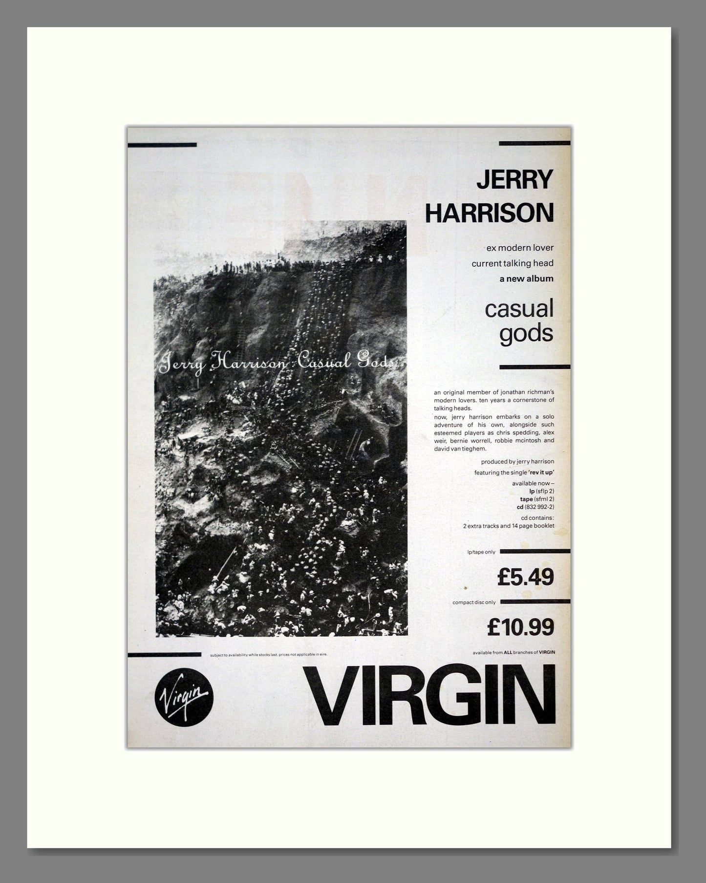 Jerry Harrison - Casual Gods. Vintage Advert 1988 (ref AD20930)