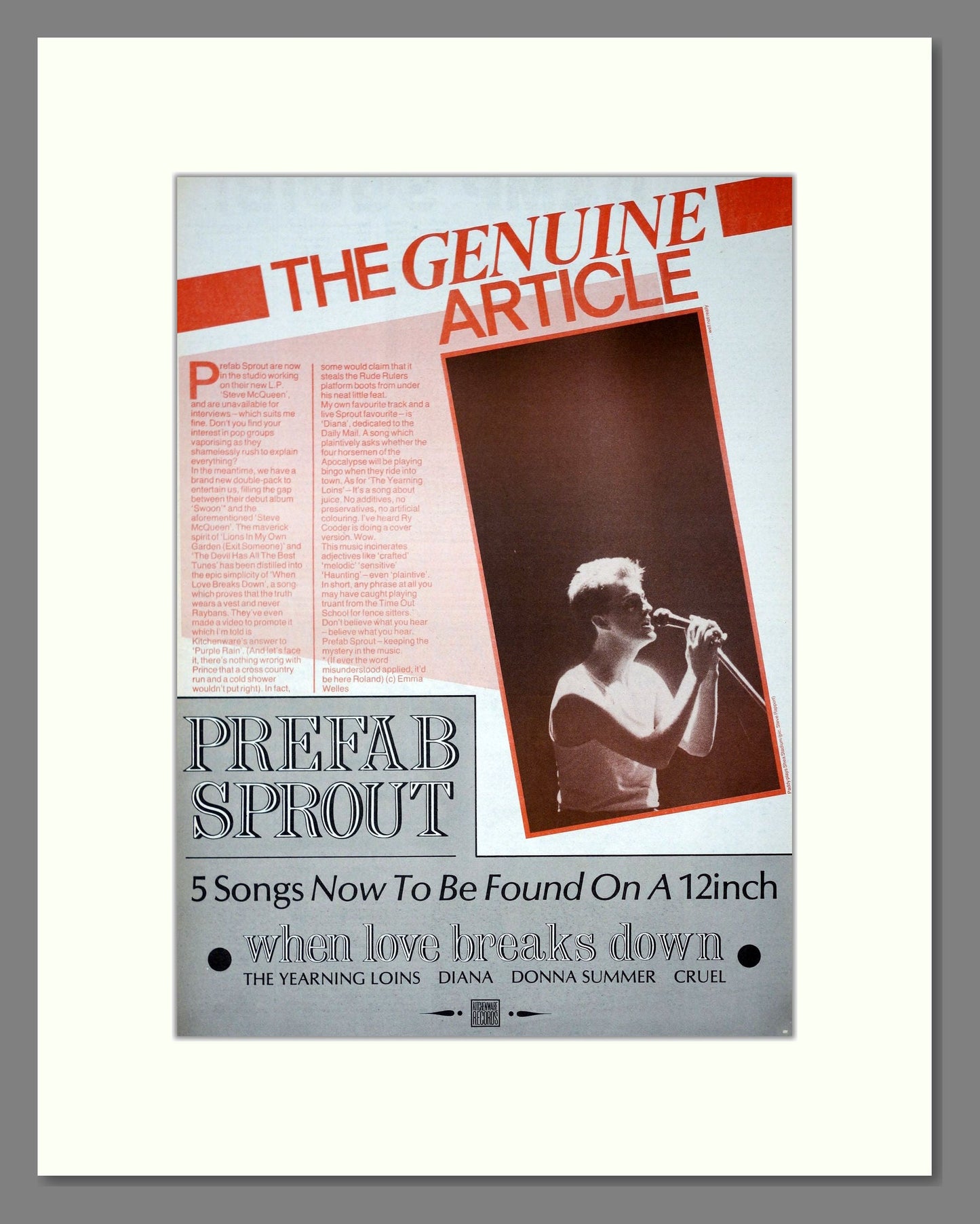 Prefab Sprout - When Love Breaks Down. Vintage Advert 1984 (ref AD20980)