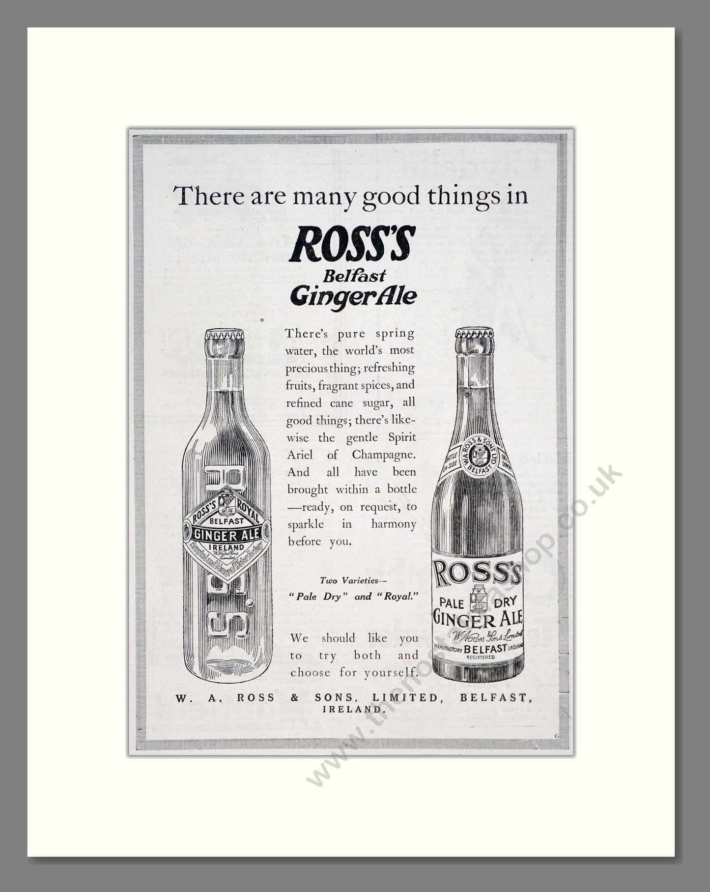 Ross's - Belfast Ginger Ale. Vintage Advert 1920 (ref AD67080)