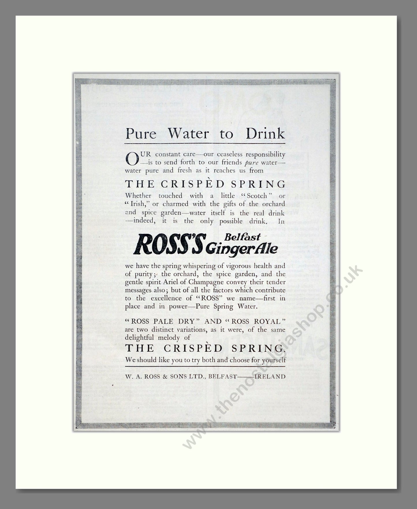 Ross's - Belfast Ginger Ale. Vintage Advert 1919 (ref AD67087)