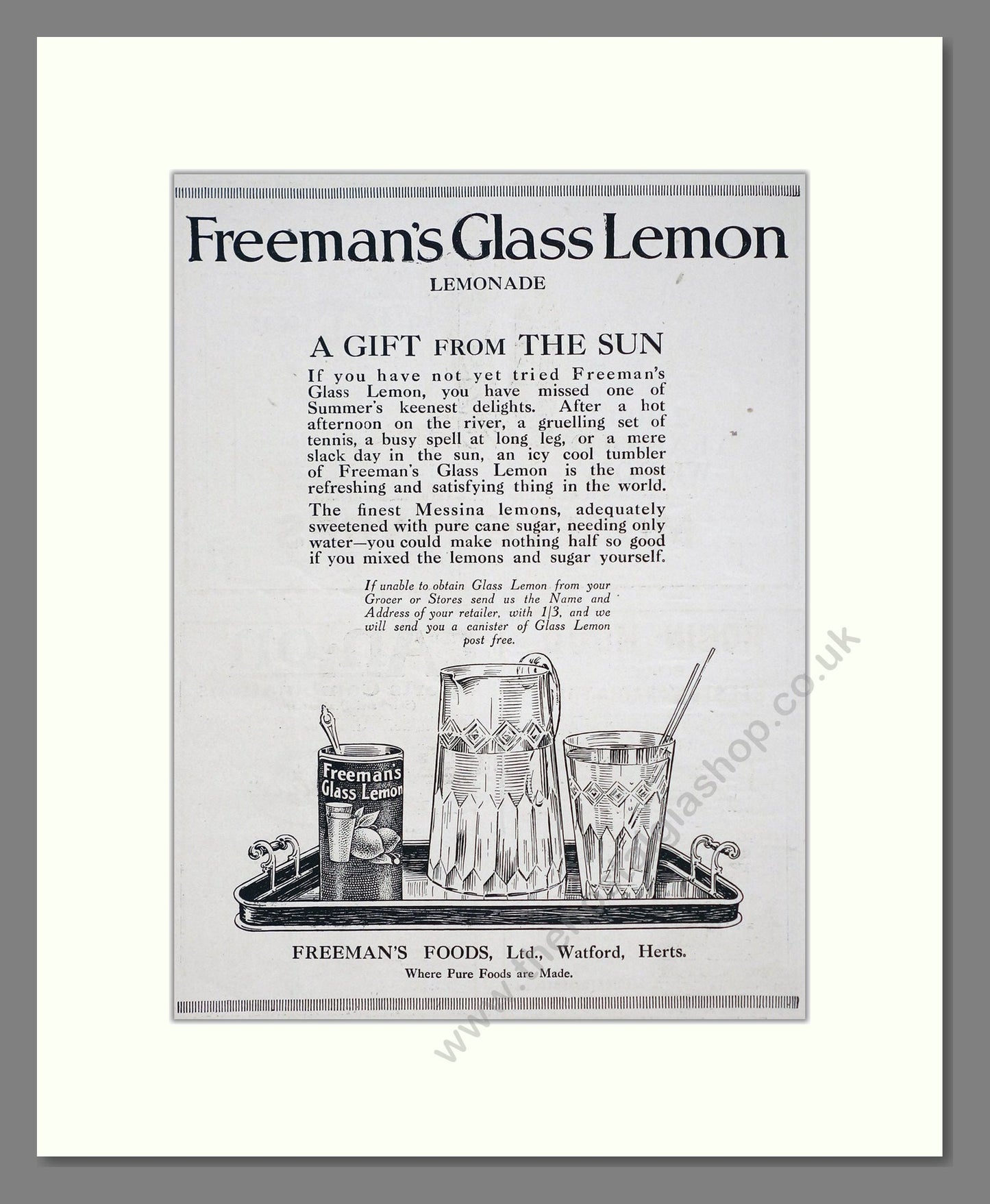 Freeman's - Glass Lemon Lemonade. Vintage Advert 1920 (ref AD67104)