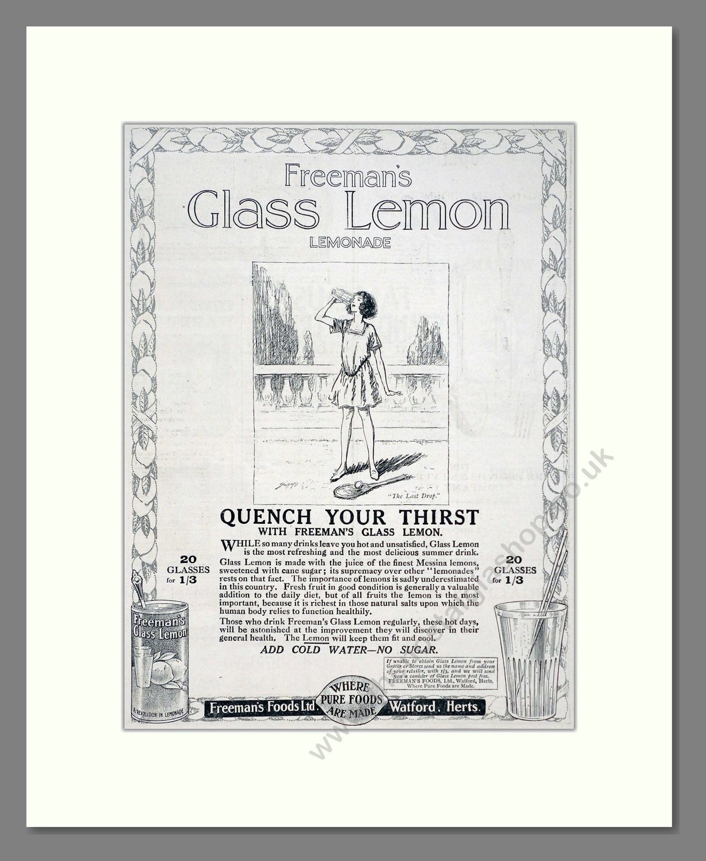 Freeman's - Glass Lemon Lemonade. Vintage Advert 1920 (ref AD67109)