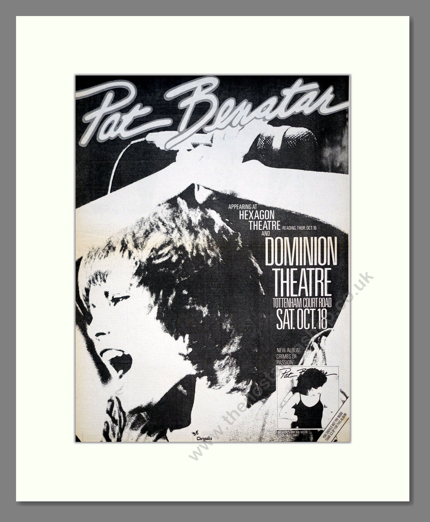 Pat Benatar - Live At Dominion Theatre. Vintage Advert 1980 (ref AD21060)