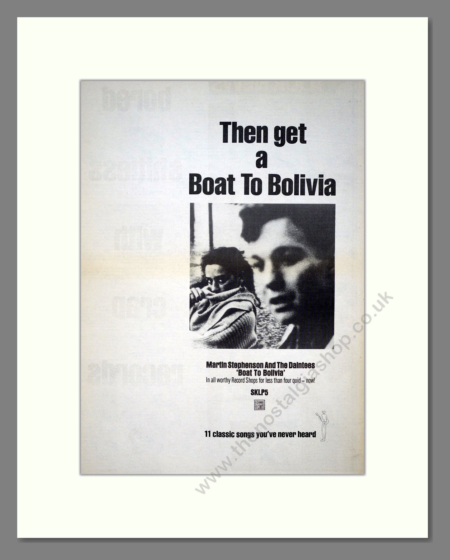 Martin Stephenson And The Daintees - Boat To Bolivia (Double Advert). Vintage Advert 1986 (ref AD21089)
