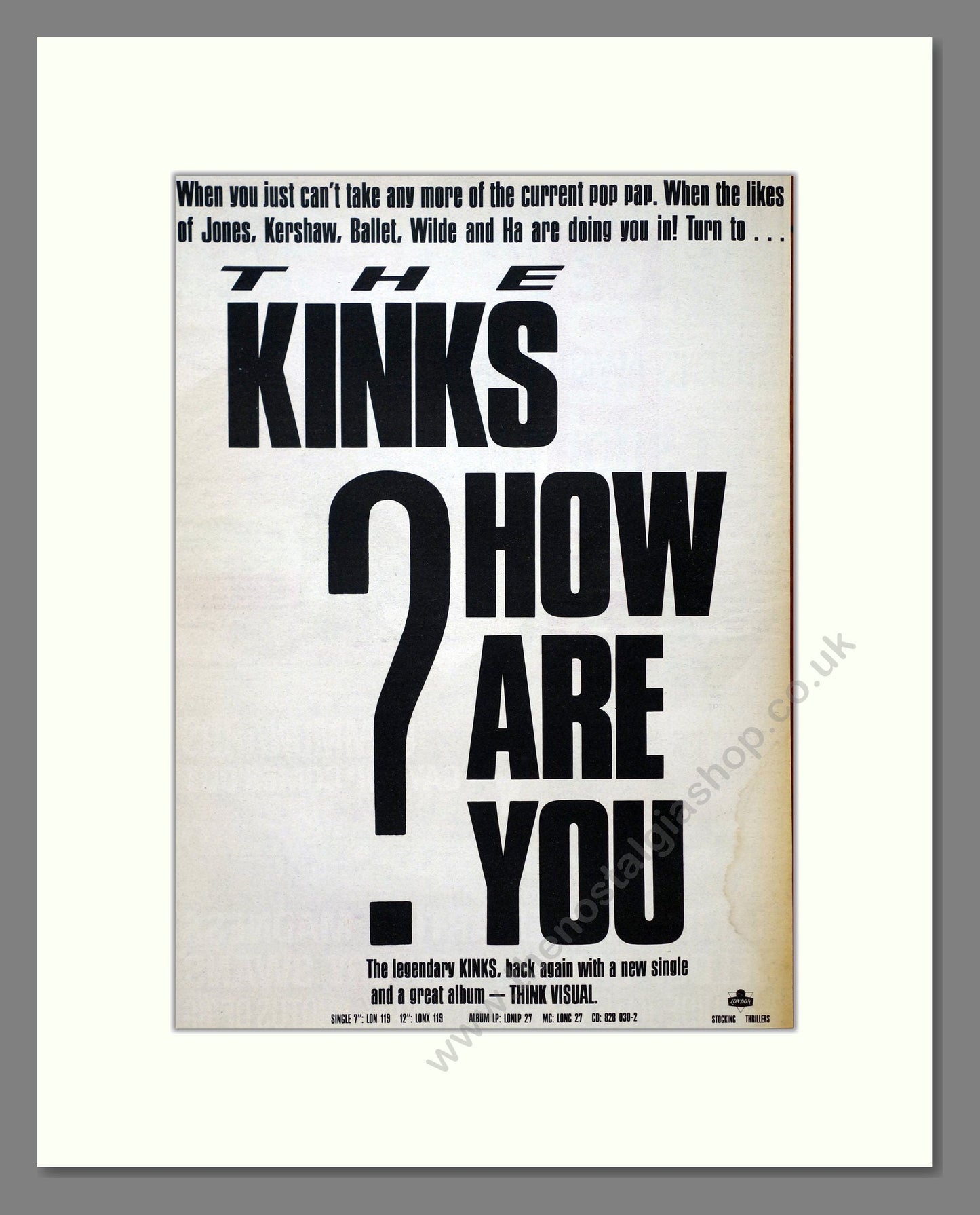 Kinks (The) - How Are You. Vintage Advert 1986 (ref AD21165)