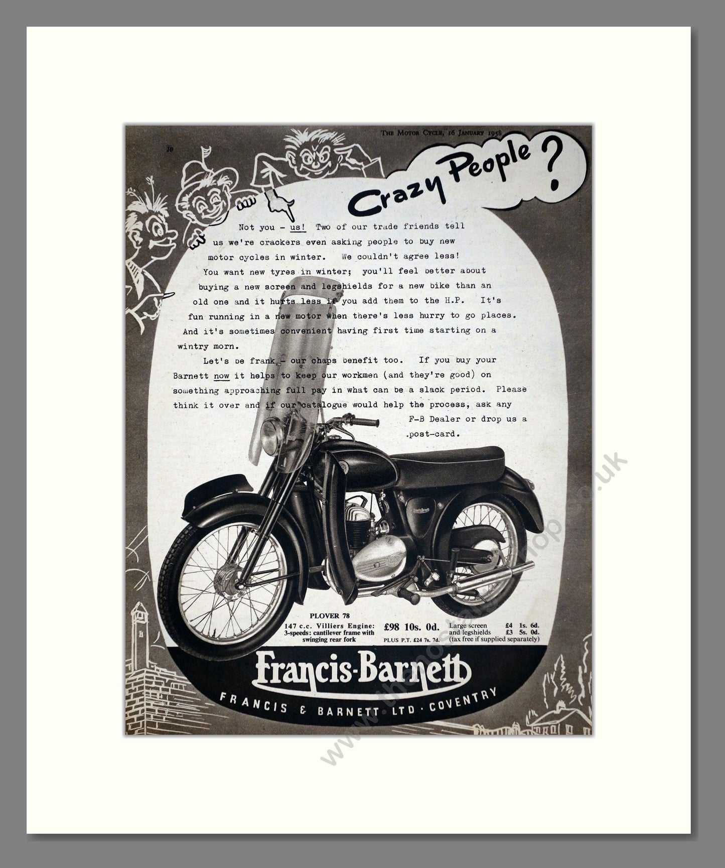 Francis-Barnett - Plover 78. Vintage Advert 1958 (ref AD67136)