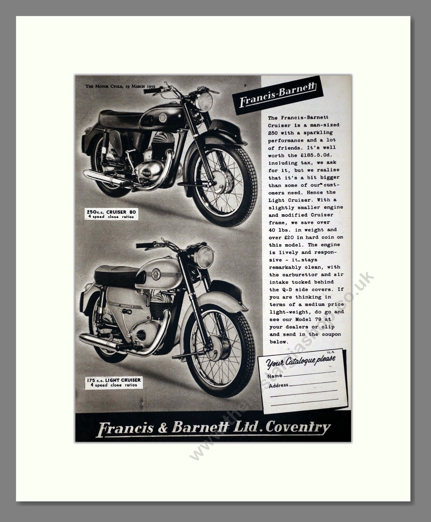 Francis-Barnett - Cruiser 80 / Light Cruiser. Vintage Advert 1959 (ref AD67137)