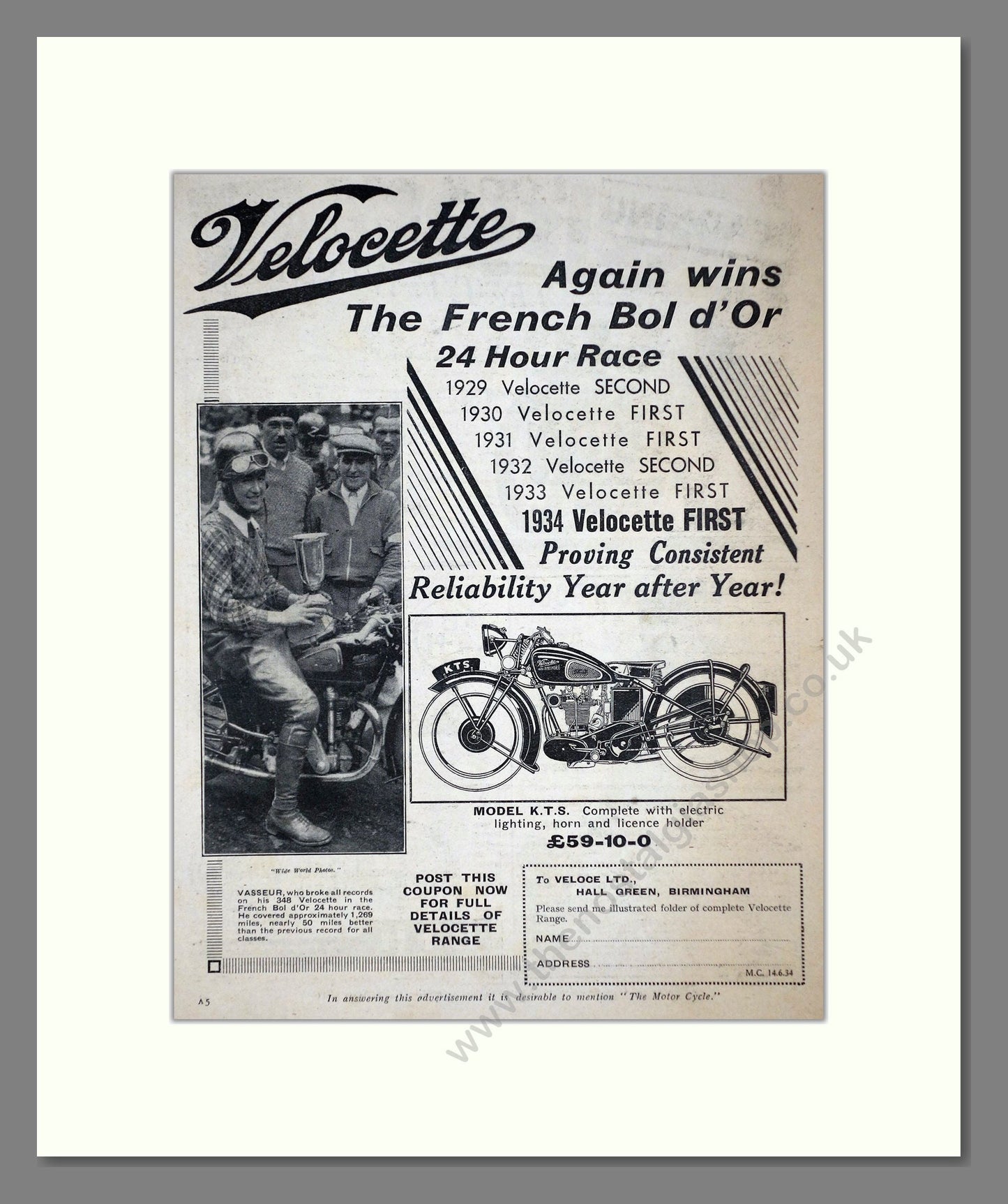 Velocette - French Bol d'Or Winners. Vintage Advert 1934 (ref AD67139)