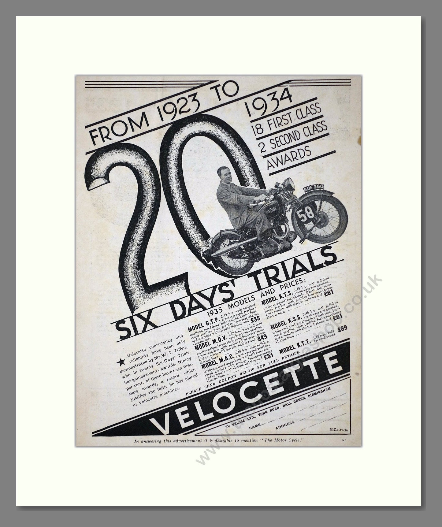 Velocette - Six Day Trials Winners. Vintage Advert 1934 (ref AD67140)