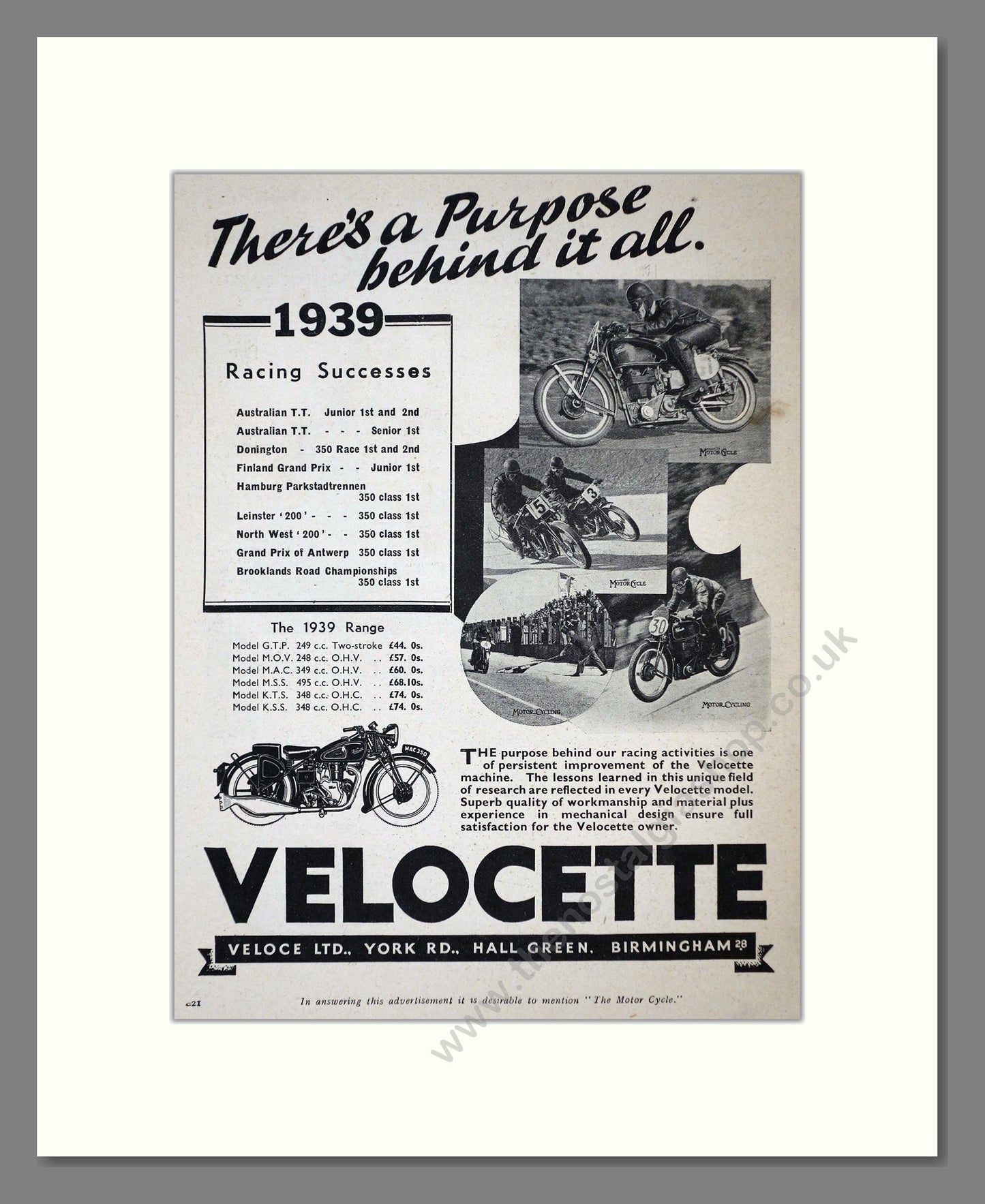 Velocette - Racing Successes. Vintage Advert 1939 (ref AD67142)