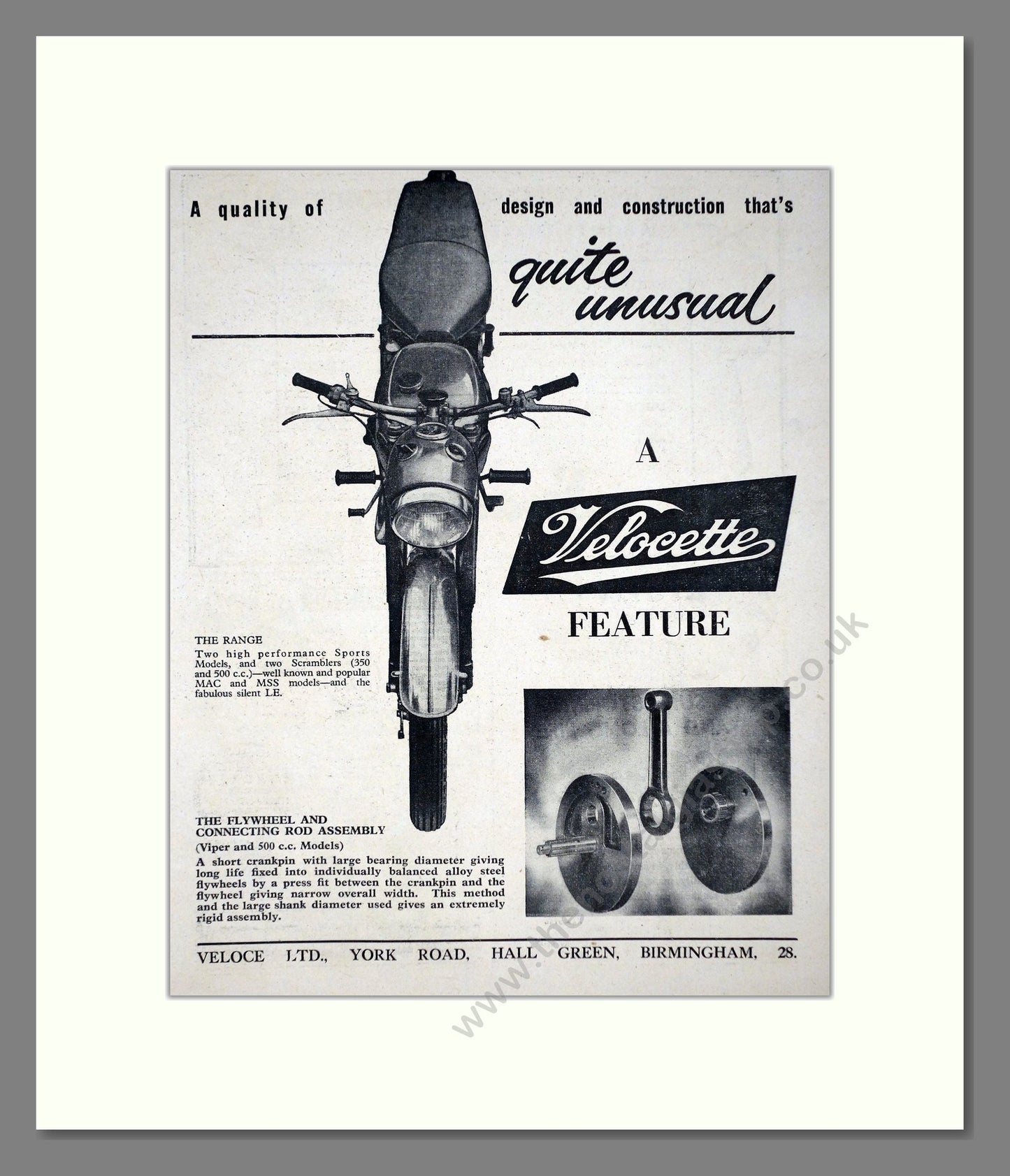 Velocette - Flywheel And Connecting Rod Assembly. Vintage Advert 1956 (ref AD67143)
