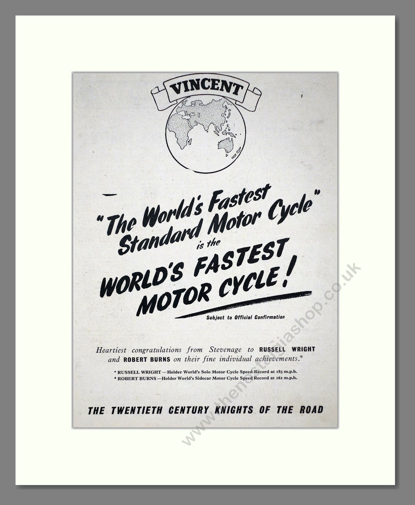 Vincent - World's Fastest Standard Motor Cycle. Vintage Advert 1955 (ref AD67160)