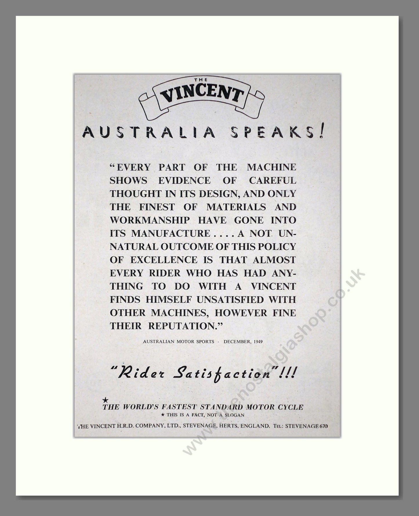 Vincent - Australia Speaks!. Vintage Advert 1950 (ref AD67161)